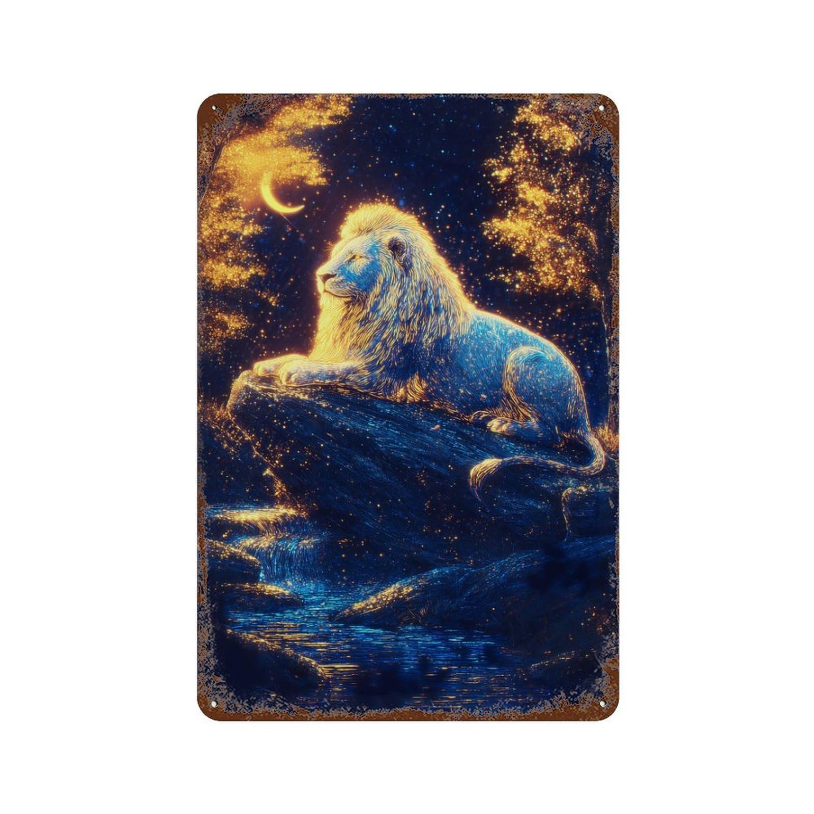 Retro Metal Sign Enchanted Lion Night Scene 11.8"x7.9", Decorative Metal Wall Art for Pub, Kitchen And Man Cave Decor