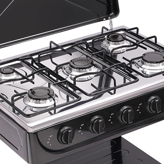 Propane Gas Stove, 5 Burner Portable Gas Stove with Support Leg Stand and Wind Blocking Cover Adapter, 5 Burner Propane Burner for RV, Apartment, Outdoor (Black)