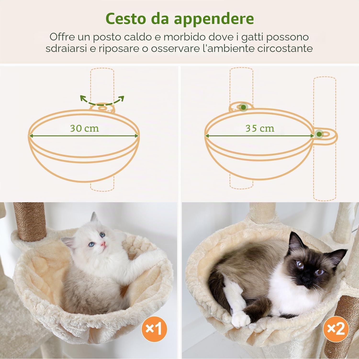 Globlazer Tiragraffi Beige XXL Alto 204 cm con 3 Grotte, 2 Grande Trespoli, 3 Morbido Cestini, Torre del Gatto Stabile per 3-5 Grandi Gatti Adulti Gatto Giocare Graffiare Interno (F80F, Beige)