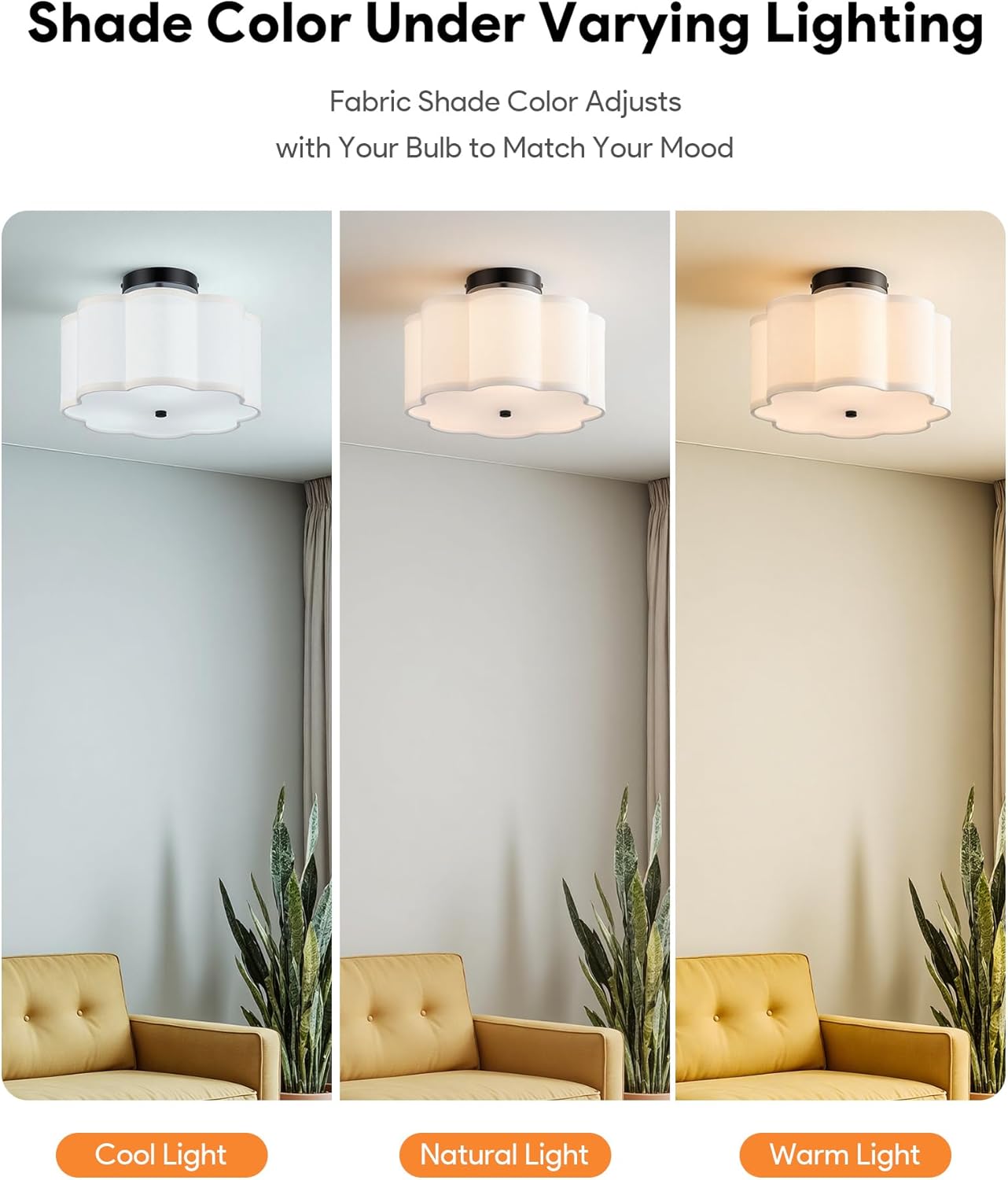 VONLUCE Semi-Flush Mount Ceiling Light, 12.6" Modern 3-Light Ceiling Light Fixture with White Petal-Shaped Shade 3 E26 Sockets for Bedroom Entryway Living Room, Black Finish, ETL Certificated