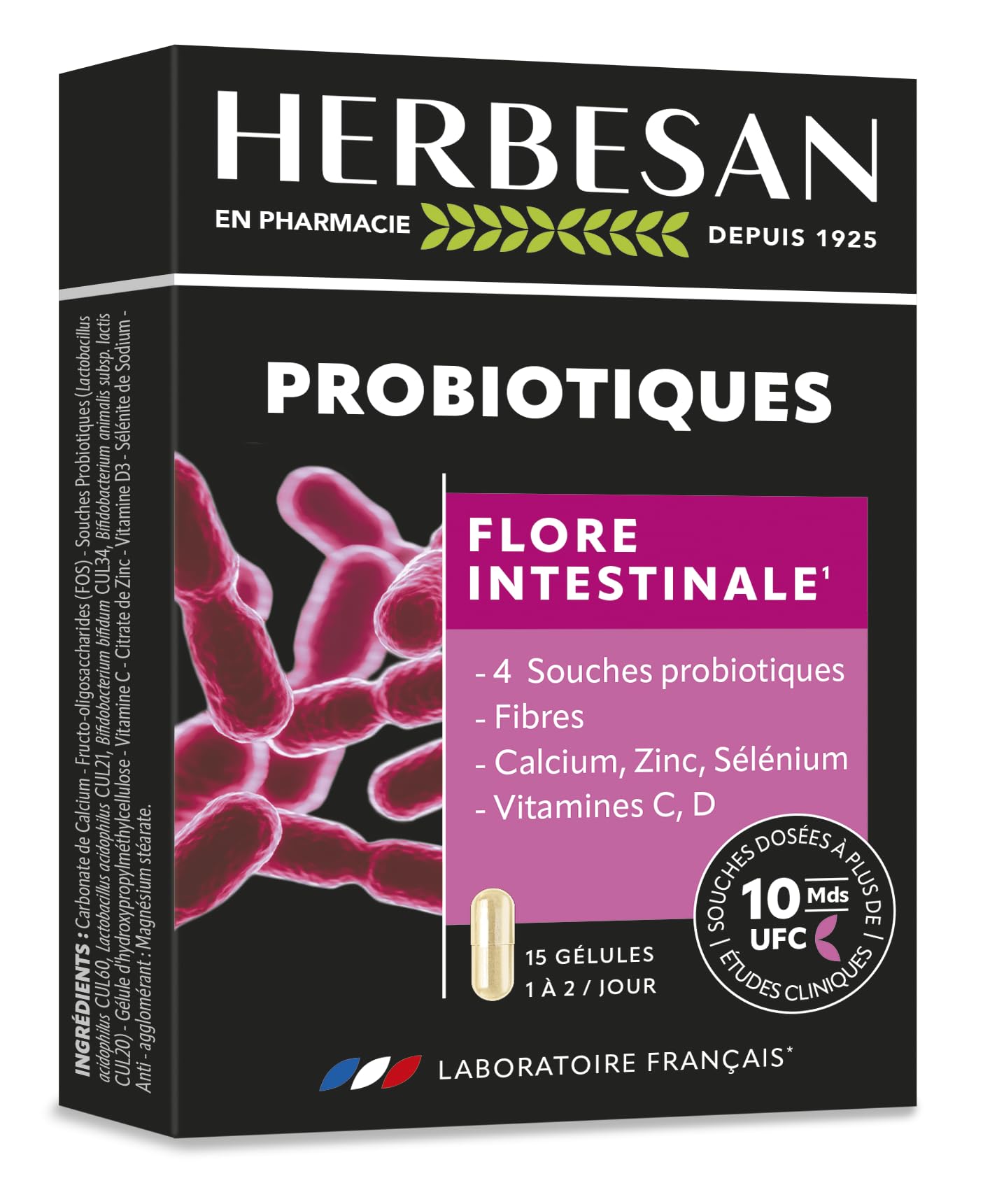 HERBESAN - PROBIOTIQUES - Flore intestinale - Équilibre digestif & Immunité - 4 Souches microbiotiques, Fibres, Calcium, Zinc, Vitamines C & D - 15 gélules