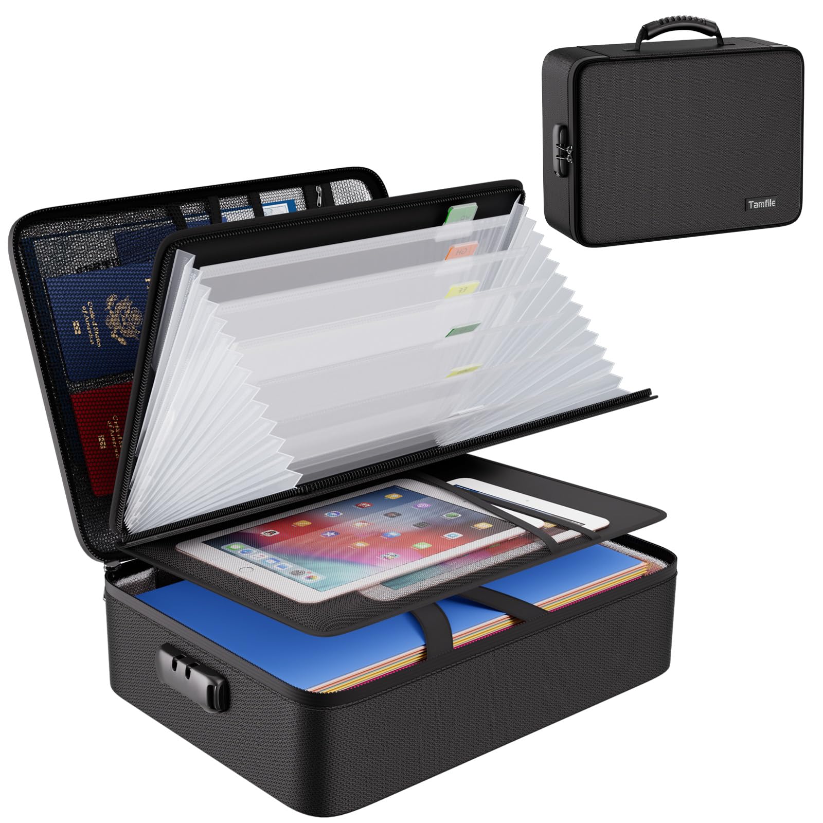 Tamfile Caja de documentos ignífuga, bolsa de documentos con cerradura y 8 bolsillos, carpeta de acordeón, organizador de documentos A4, caja de almacenamiento portátil con etiquetas para pasaportes