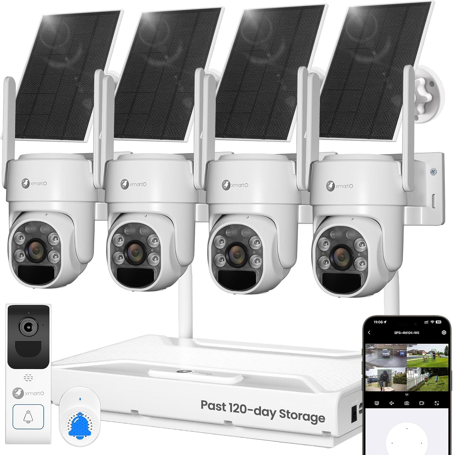 xmartO [Doorbell + 4-CAM] Wire-Free Solar Security Camera & Smart Doorbell Set - 4Pcs 2K QHD PTZ Cam & 4K 10CH Expandable WiFi NVR (Past 120-day Storage) & 2.4G/5G Dual Band Doorbell, No Monthly Fee