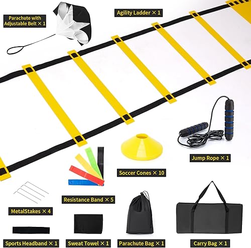 Miniatura 2 de Escalera de velocidad de agilidad, juego de equipo de entrenamiento de fútbol, 20 pies, 12 peldaños de velocidad, 10 conos de disco, paracaídas de