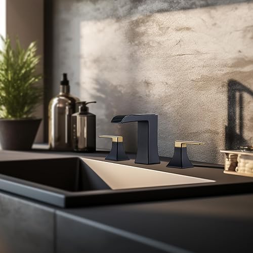 Miniatura 8 de Grifo de baño generalizado de 3 agujeros, cascada negra y dorada, grifo de lavabo de baño central de 4 pulgadas con drenaje desplegable y líneas de
