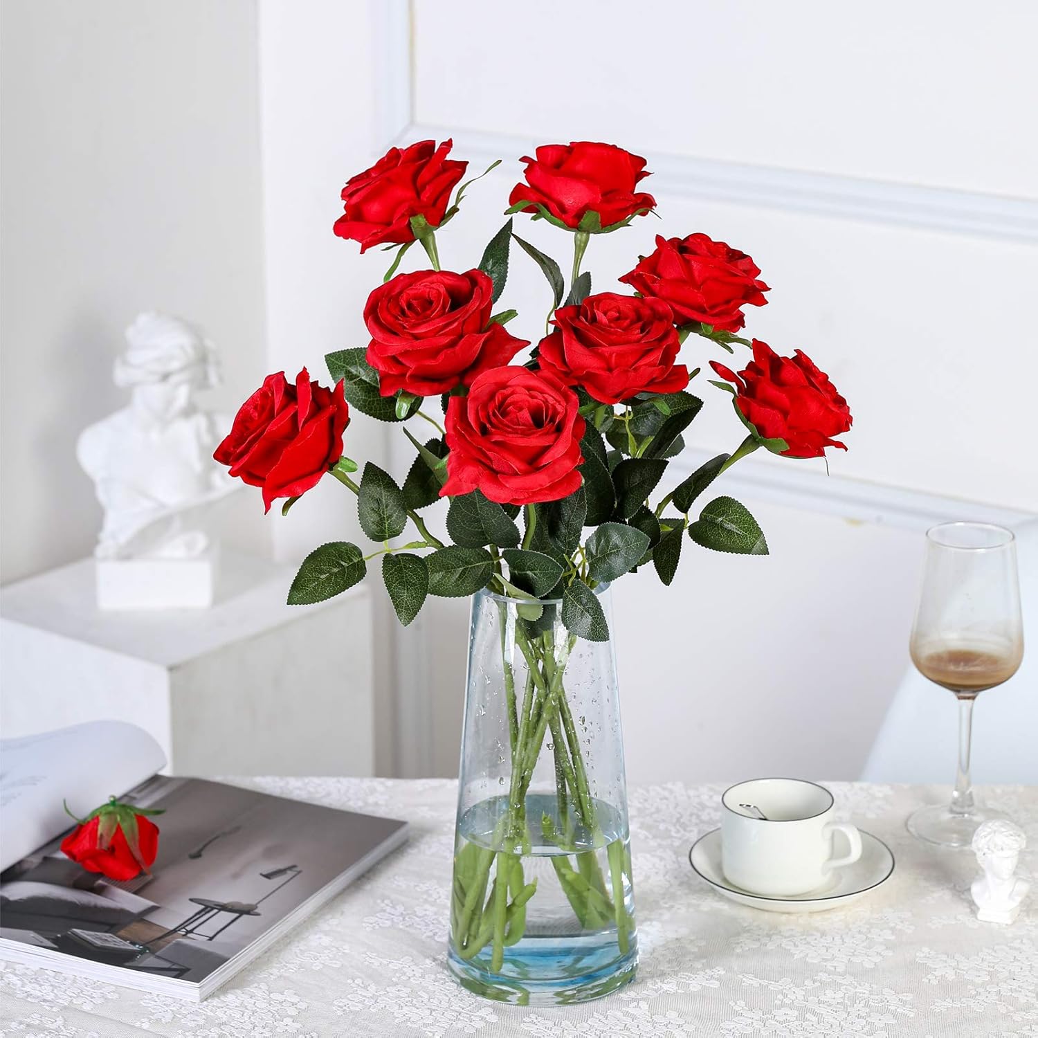 Hawesome 12PCS Artificial Silk Flowers Realistic Roses Bouquet Long Stem for Home Wedding Decoration Party (12pcs-red 1) - Image 2