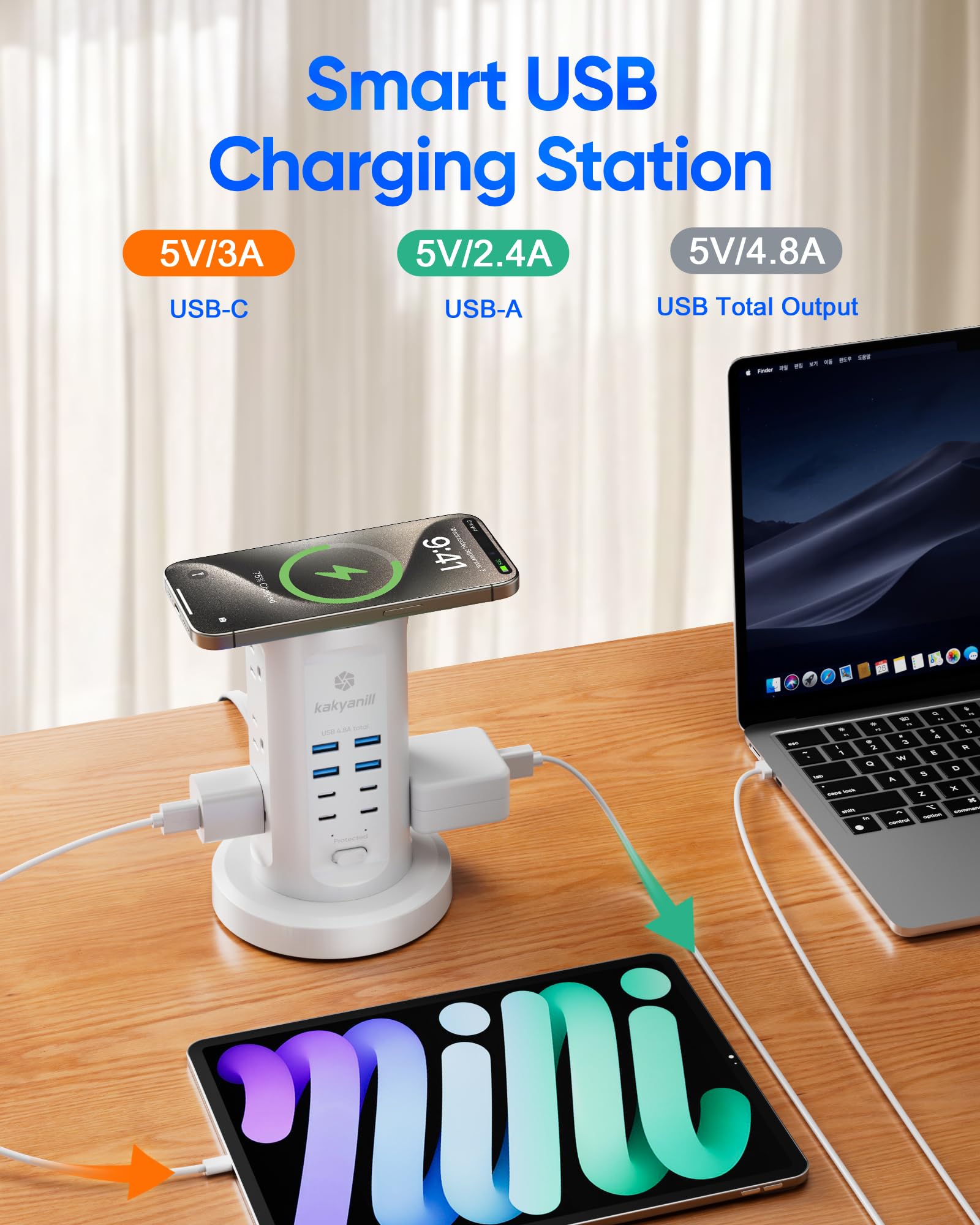 Kakyanill - Wieża przeciwprzepięciowa (9 wyjść AC, 8 USB (4 USB C), wysuwany kabel przedłużający 6 stóp, stacja ładująca do sypialni biurowej, kolor biały
