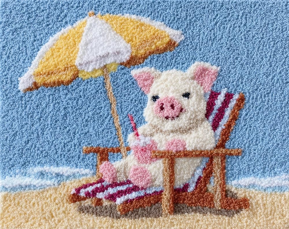 Kitquiver Animal DIY Latch Hook Rug Kits for Beginners Adults,Cute Pig Sitting On A Beach Chair,Latch Hook Rug Kits Carpet Making Crafts DIY Craft Gifts 15X20In