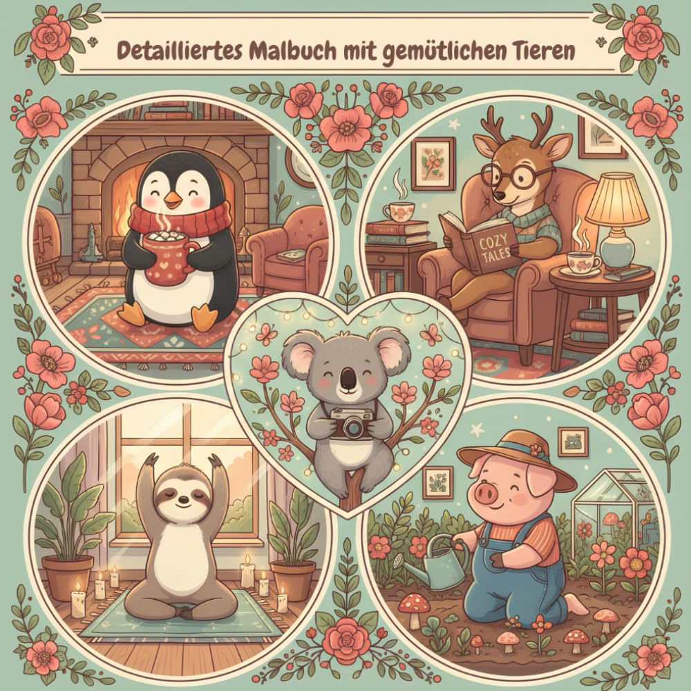 Detailliertes Malbuch mit gemütlichen Tieren: 40 detailreiche illustrationen von liebenswerten tieren in entspannenden gemütlichen szenen | perfekt ... zur entspannung und für kreativen ausdruck