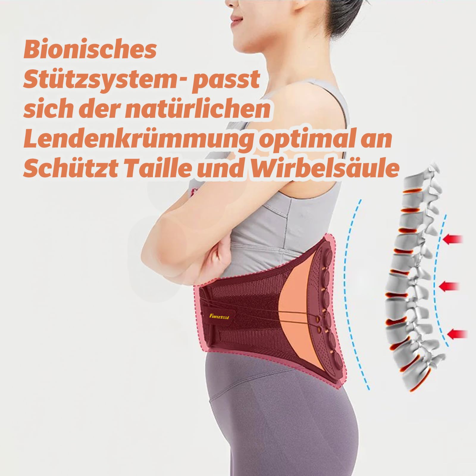 FANZTOOL Ceinture de soutien dorsal avec angle préformé à 80°, soutien lombaire respirant, ergonomique, flexible – Particulièrement adaptée pour les tours de ventre plus forts, agréable à porter