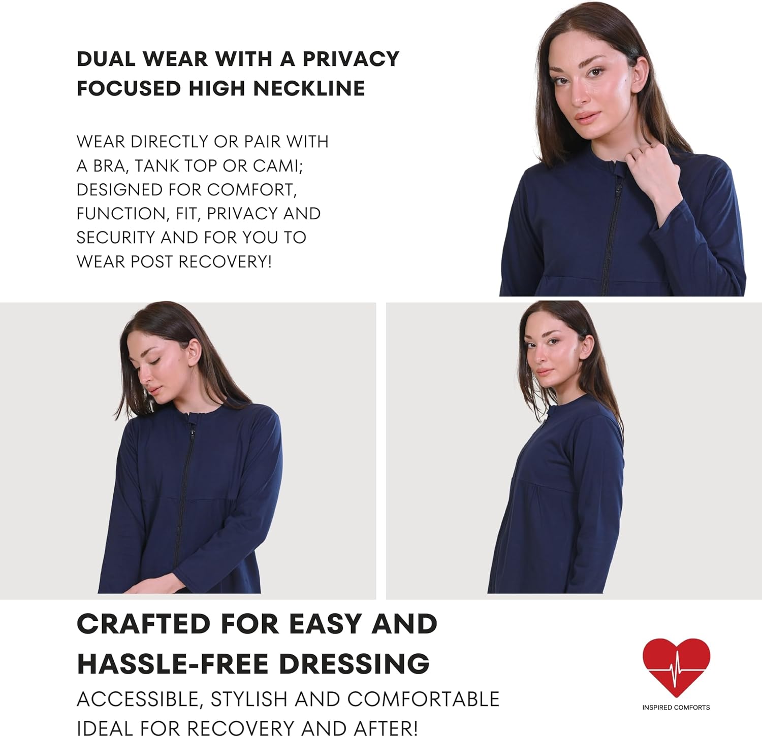 Inspired Comforts Women's Mastectomy Recovery Full Sleeves Front Open Zip Up Shirt with Drain Pockets - Image 4