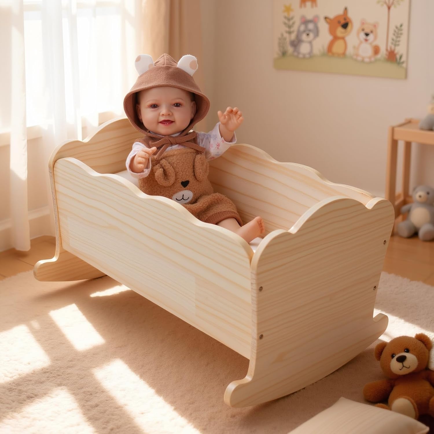 BABESIDE 3 Pcs Baby Doll Crib Set for Dolls up to 16 Inch, Wooden Baby Doll Accessories Babydoll Bed Dolls Cradle with Bedding Set for Kids Pretend Play Toys, Wood Doll Crib
