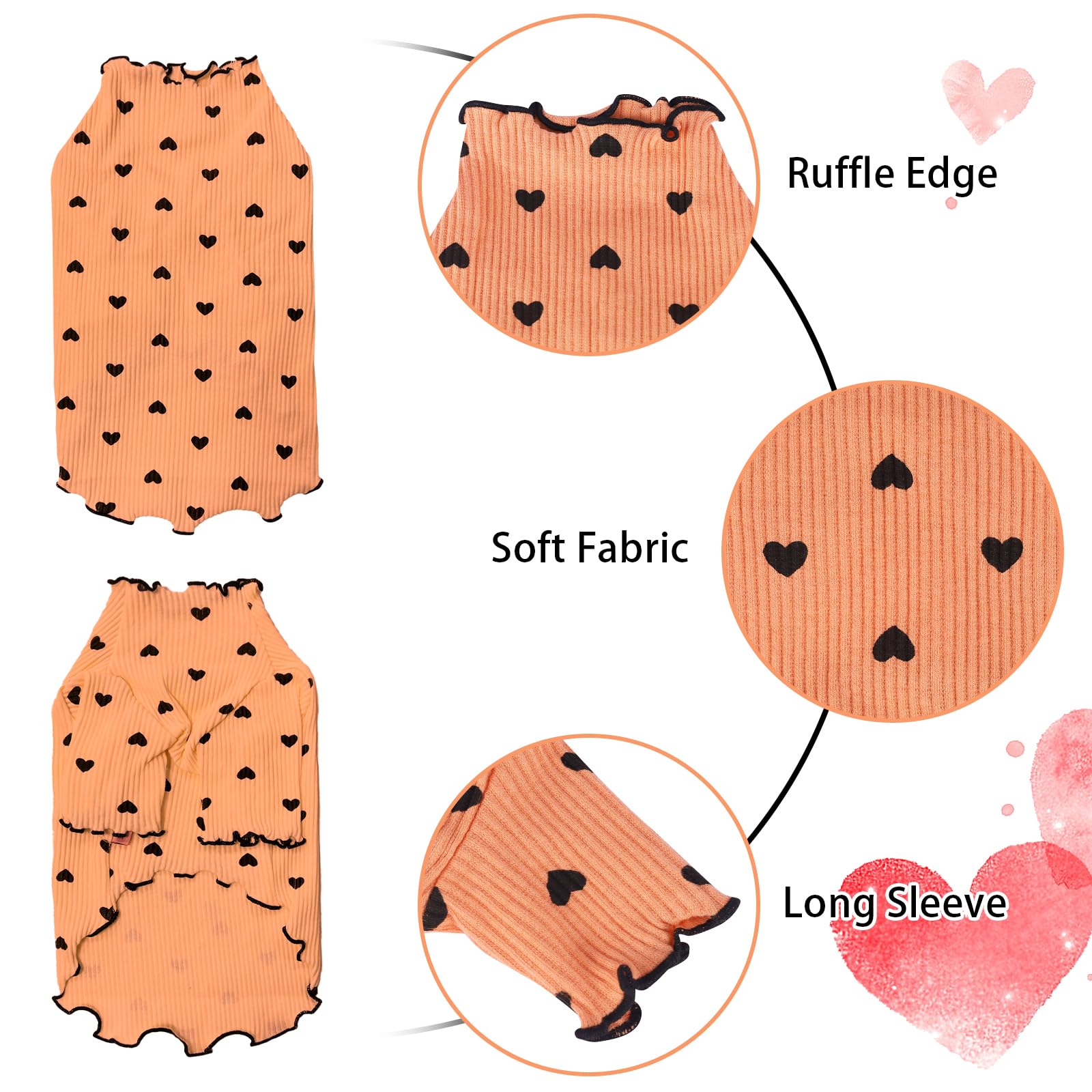 Yaopelky Pet Clothes for Small Dogs Cat Summer Fall Heart Print Shirt Stretchable Ruffle Long Sleeve Outfits for Chihuahua Schnauzer Shih Tzu Yorkie (Orange - Image 2