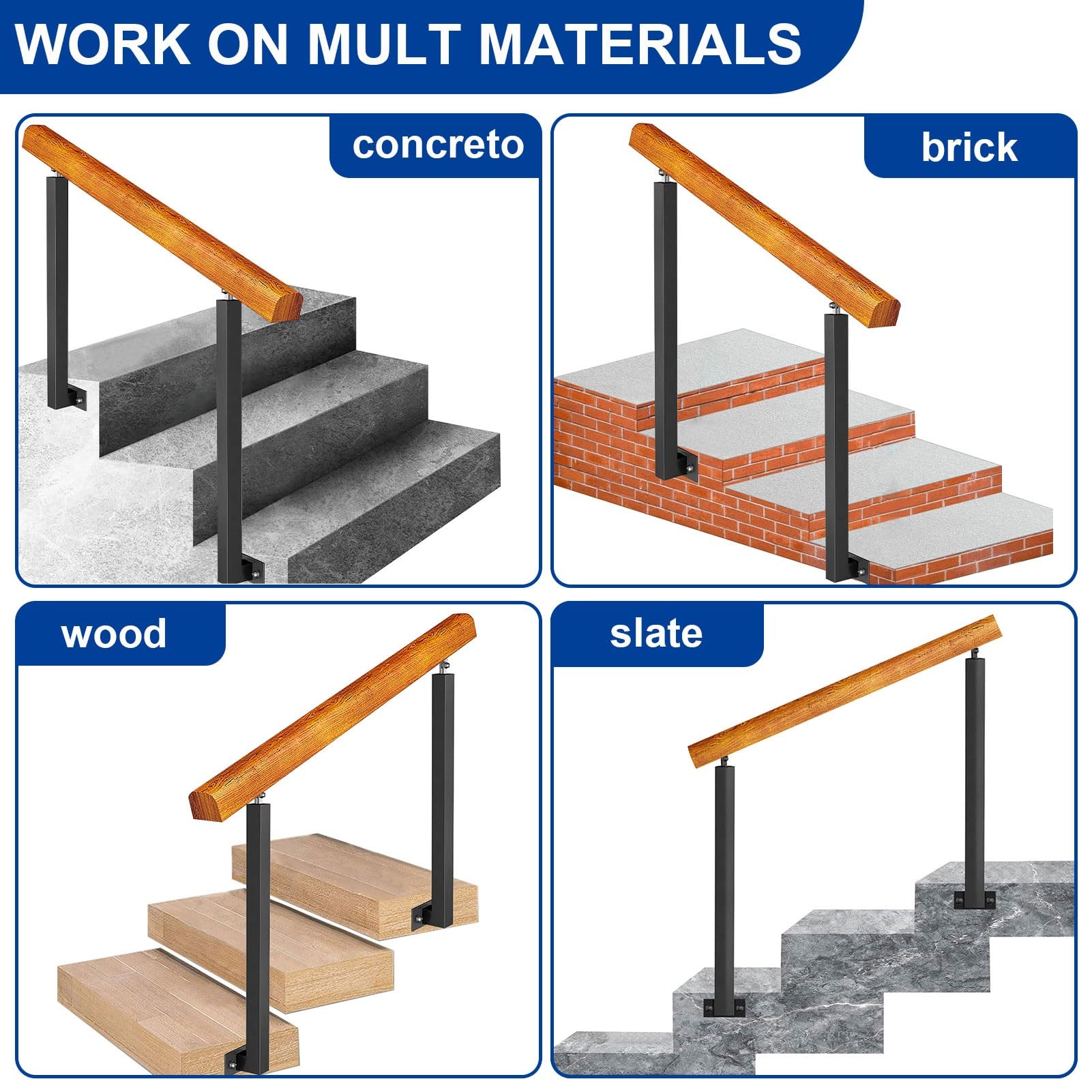 Handrails For Outdoor Steps, Fit 1 Or 3 Steps Outdoor Stair Railing, White Wrought Iron Handrail, Flexible Front Porch Hand Rail, Transitional Handrails For Concrete Steps Or Wooden Stairs | US - View #3