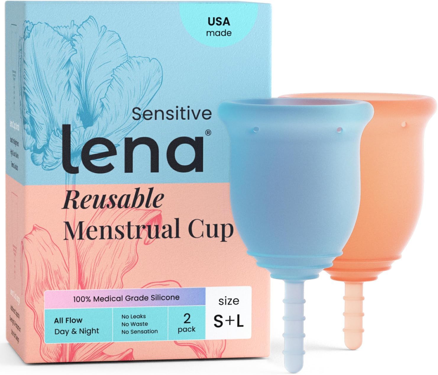 Lena Sensitive Menstrual Cups - 2-Pack - Ultra-Soft Reusable Silicone Period Cup for Sensitive Anatomy, 12-Hour Comfort, Gentle & Leak-Free Protection - Small Blue & Large Coral