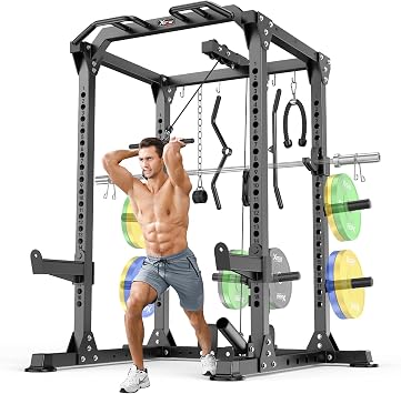 Power Rack Power Cage Multi-Function Squat Rack with Cable Crossover System Selectable More Training Attachment Power Rack for Garage & Home Gym