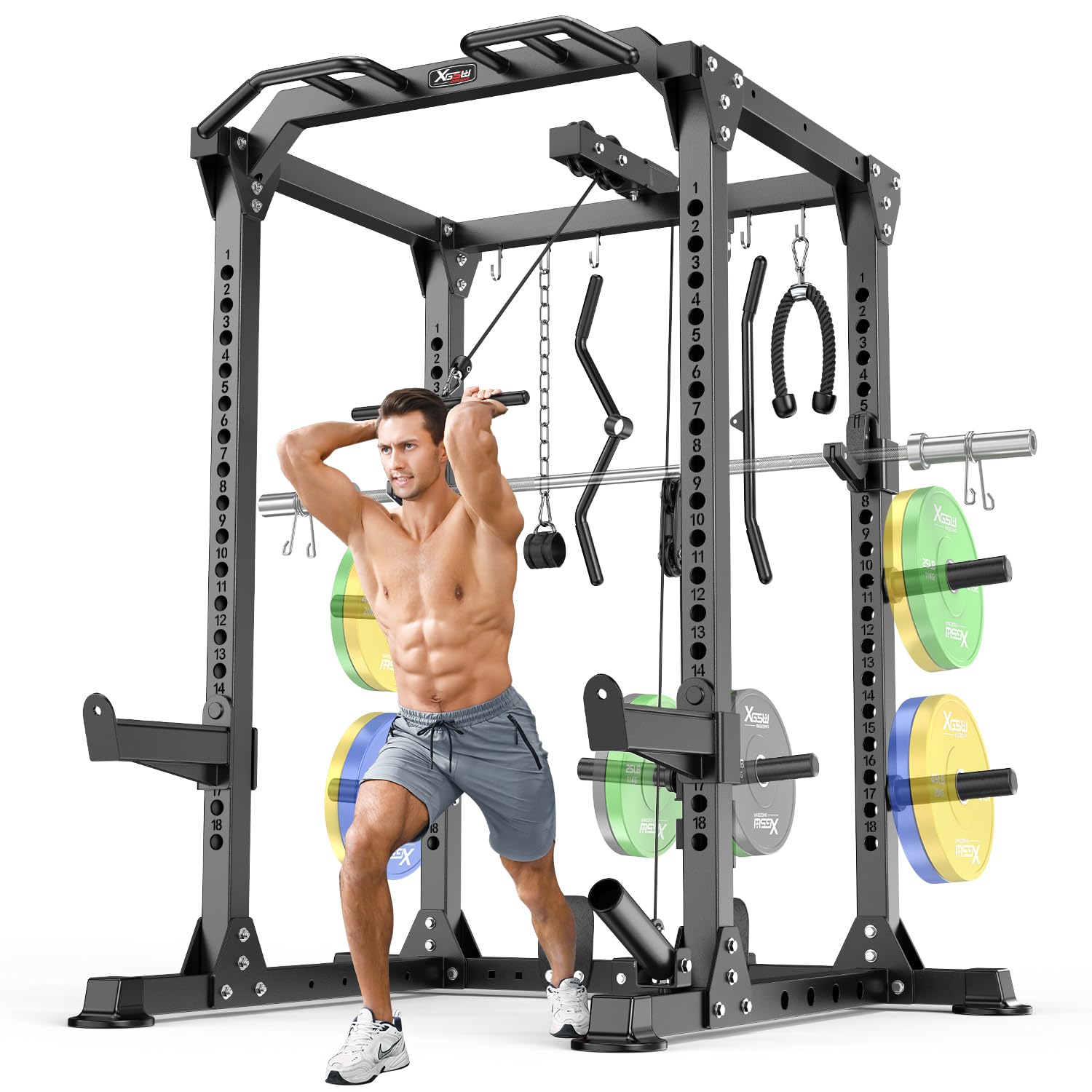Power Rack Power Cage Multi-Function Squat Rack with Cable Crossover System Selectable More Training Attachment Power Rack for Garage &amp; Home Gym