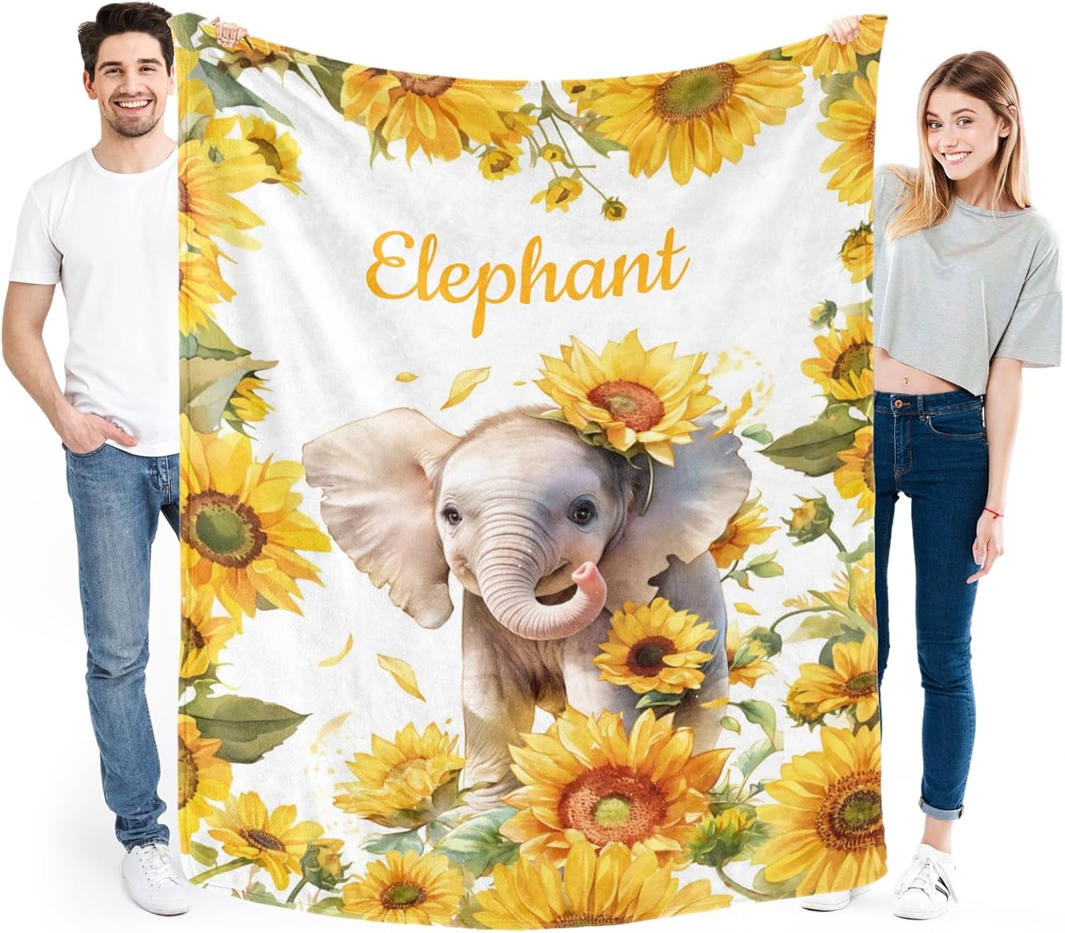 Sunflower Elephant Blanket, Custom Blanket with Name Text, Personalized Blankets for Sofa Bedroom Living Room Office, 50x60 Inches