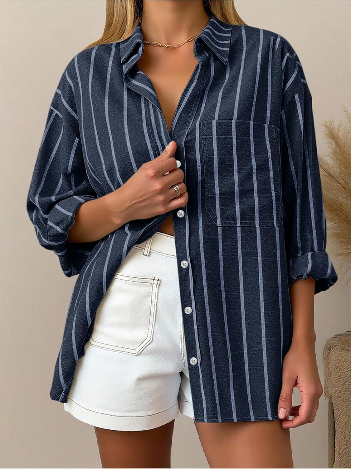 Oversized Button Down Shirts for Women Linen Shirt Long Sleeve Collared Blouses with Pocket Beach Vacation Outfit 2026