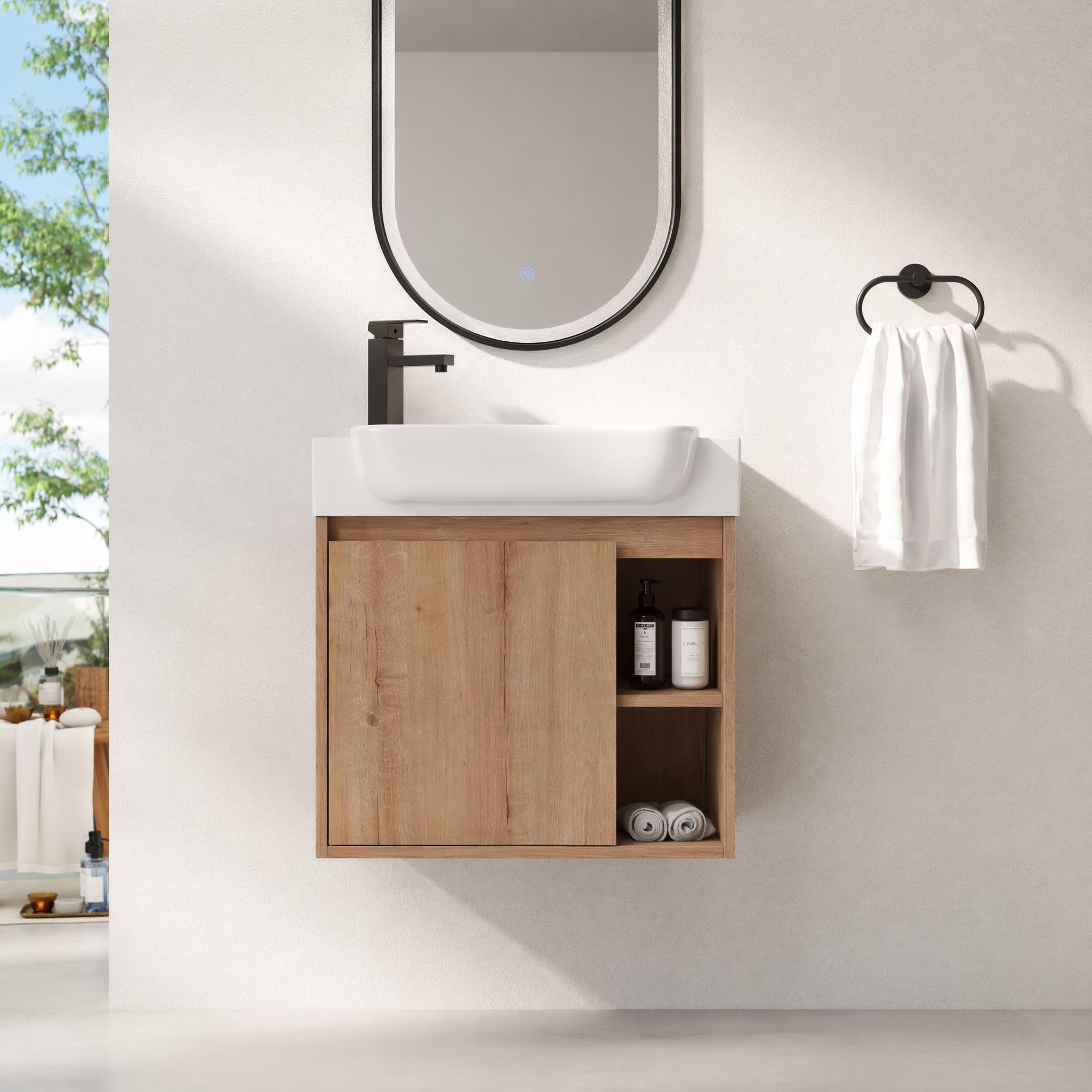 24" Bathroom Vanity with Ceramic Sink, Farmhouse Cabinet, Natural