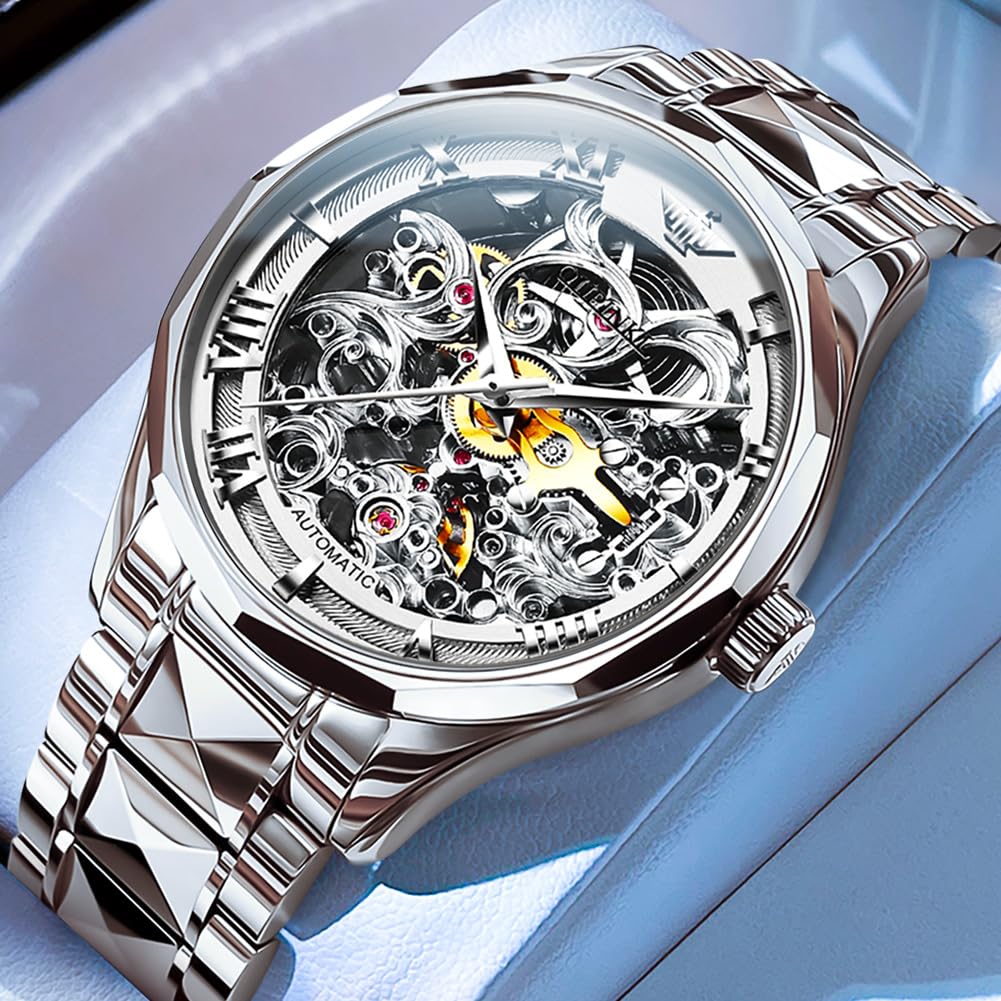 OUPINKE Reloj automático para hombre, diseño de esqueleto, de lujo, mecánico, impermeable, luminoso, acero inoxidable, espejo de cristal de zafiro