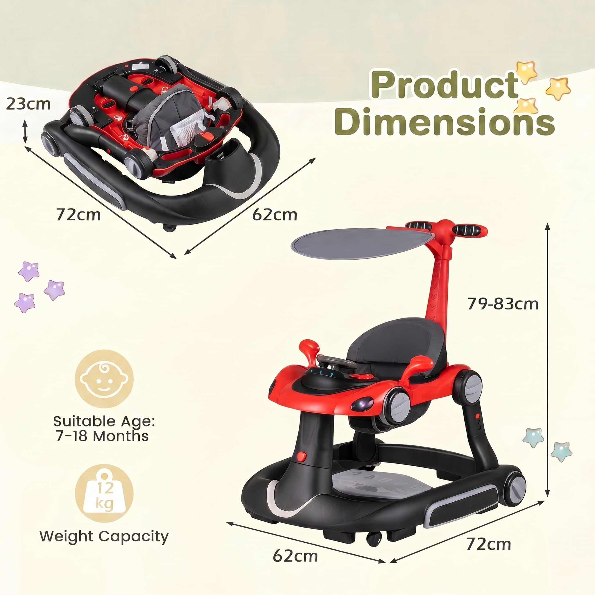 LIFEZEAL Lauflernwagen mit Sonnenschirm, 6-in-1 Lauflernhilfe Gehhilfe Baby mit Licht, Musik, Spielecenter & Tablett, Baby Walker mit einstellbarer Höhe & Geschwindigkeit, ab 7-18 Monate (Rot)