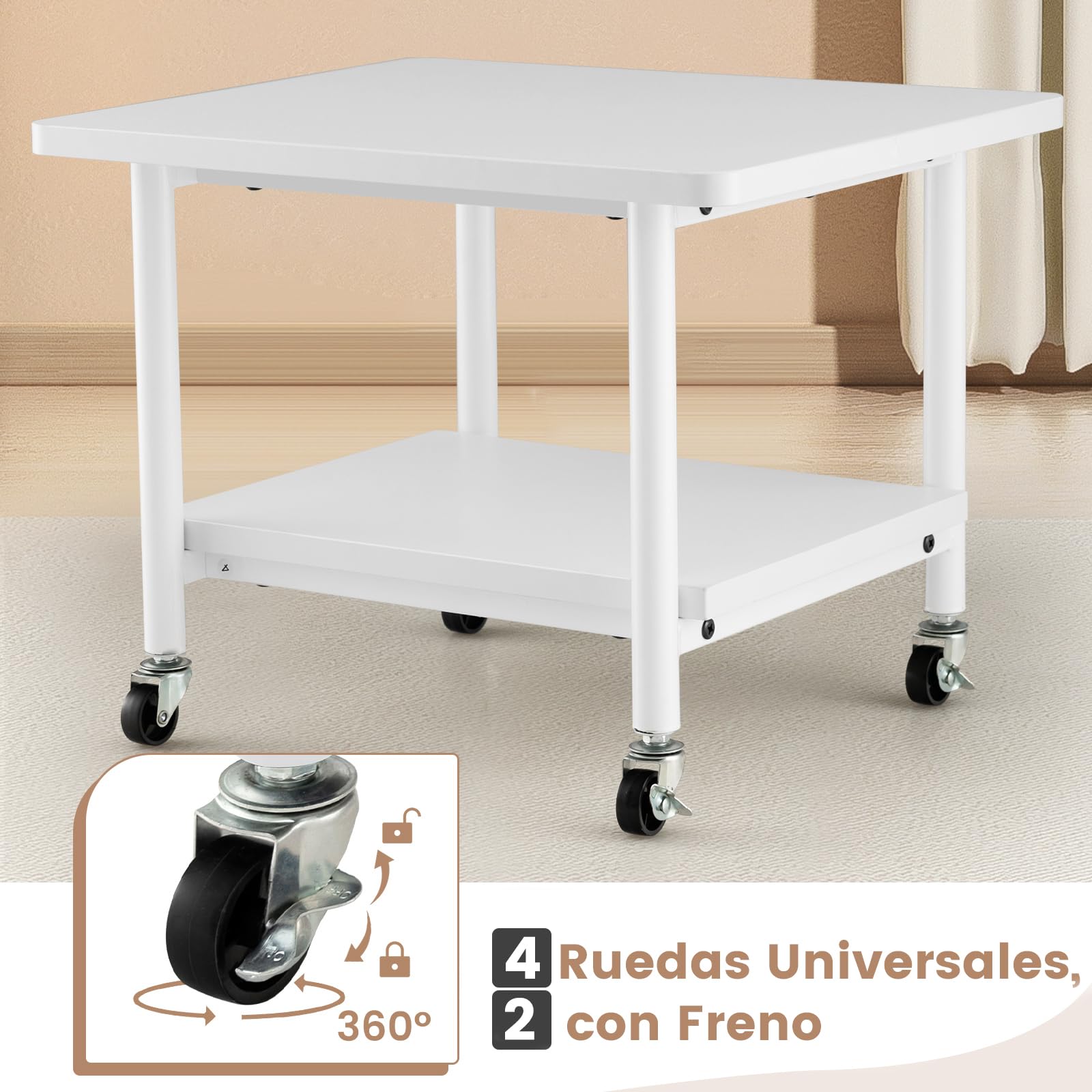 COSTWAY Soporte para Impresora con Ruedas, 2 Nivles, Mueble Impresora de Metal con Almacenamiento, Carrito de Almacenamiento Cocina Oficina, 49 x 40 x 38 cm (Blanco+Blanco)