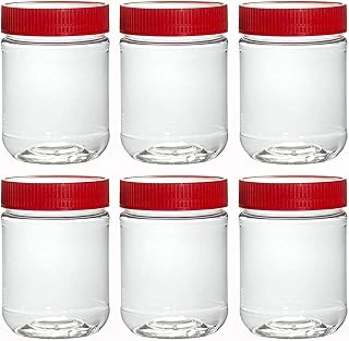 JUVITUS 17 oz Empty Peanut Butter, Nut Butter Spread Container Jars with Red Ribbed Foil Lined Lids - 6 pack