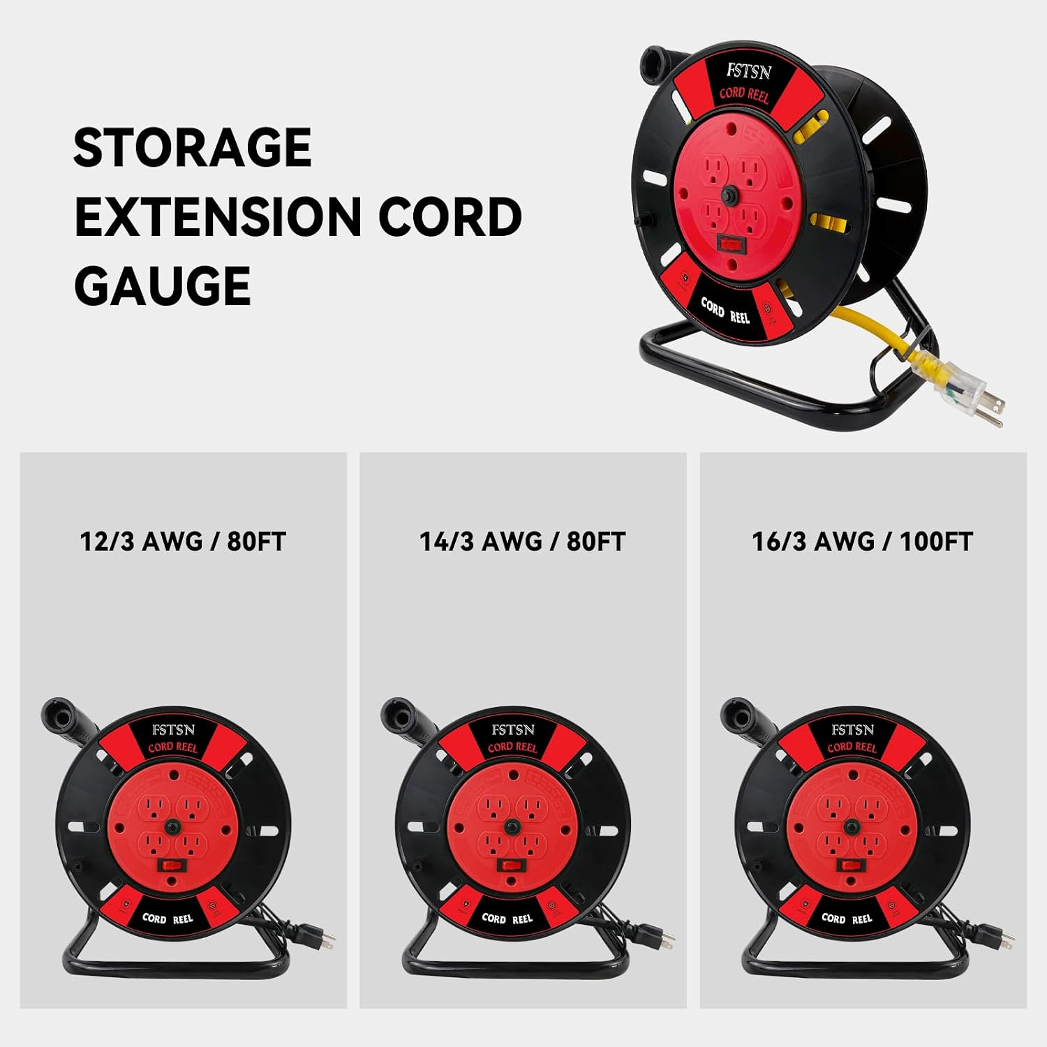 Heavy Duty Extension Cord Storage Reel with Hand Crank – Portable Open Cord Reel Holder for 12/3, 14/3, 16/3 Power Cords, 4-Grounded Outlets, Electric Cable Roller, Red.