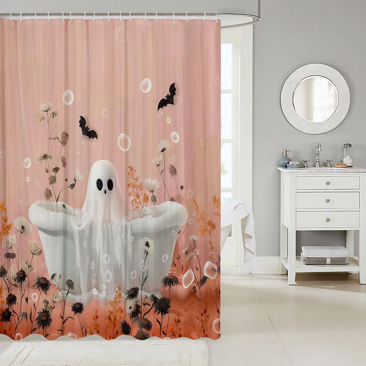 Erosebridal Halloween Decor Waterproof Bathroom Curtains 72" W X 84" L Funny Ghost Shower Curtain for Boys Black Bat Bathroom Shower Curtain Sets Rustic Flower Pink Bath Curtains for Teens Adult Girl image 2