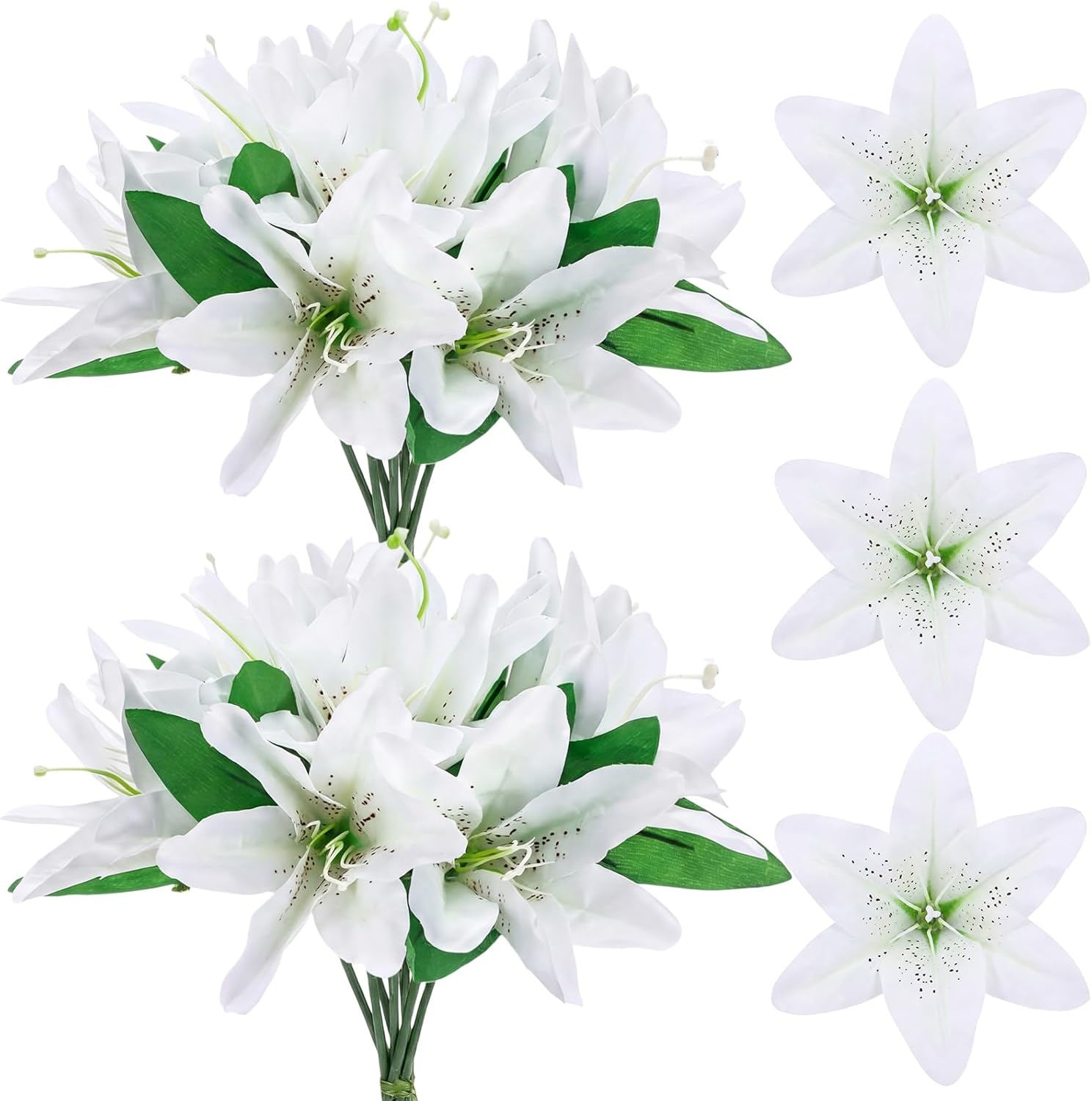 50 Pcs Artificial Lilies Flowers Fake Silk Easter Lilies with Stem and Green Leaf Faux Wedding Flower Bouquet for Floral Arrangement Spring Home Wedding Bridal Party Decoration (White)