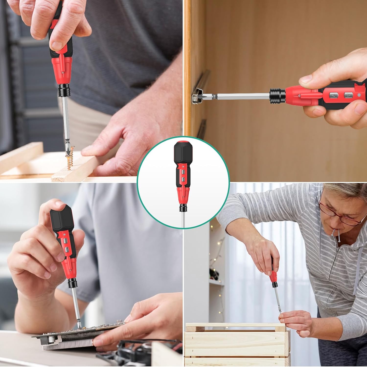 Collage of images showing the ORIA Electric Screwdriver being used for various small repair tasks, including assembling furniture, working on electronics, and general household fixes.