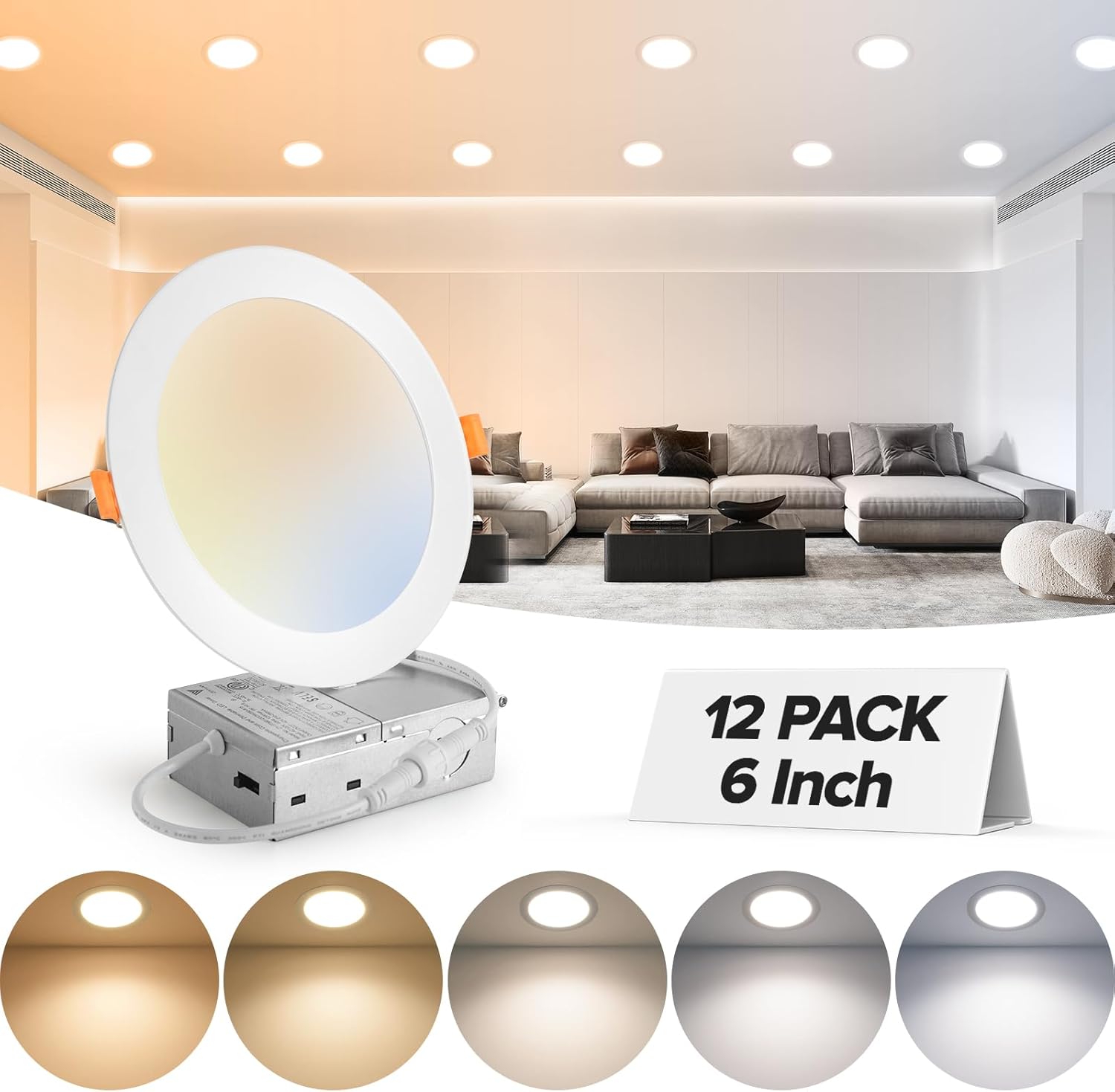 MAILCOS 12 Pack 6 Inch 5CCT Ultra-Thin LED Recessed Ceiling Light with Junction Box, 2700K-5000K Selectable, 1050LM High Brightness, 0%-100% Dimmable Canless Wafer Downlight, 12W 120V, ETL