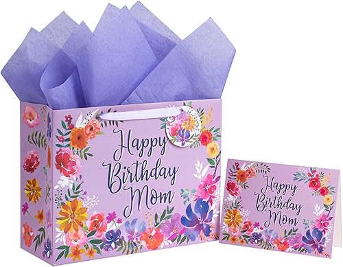 WRAPAHOLIC Bolsa grande de regalo de cumpleaños para mamá de 13 pulgadas con tarjeta y papel de seda, elegante diseño floral con diseño de feliz