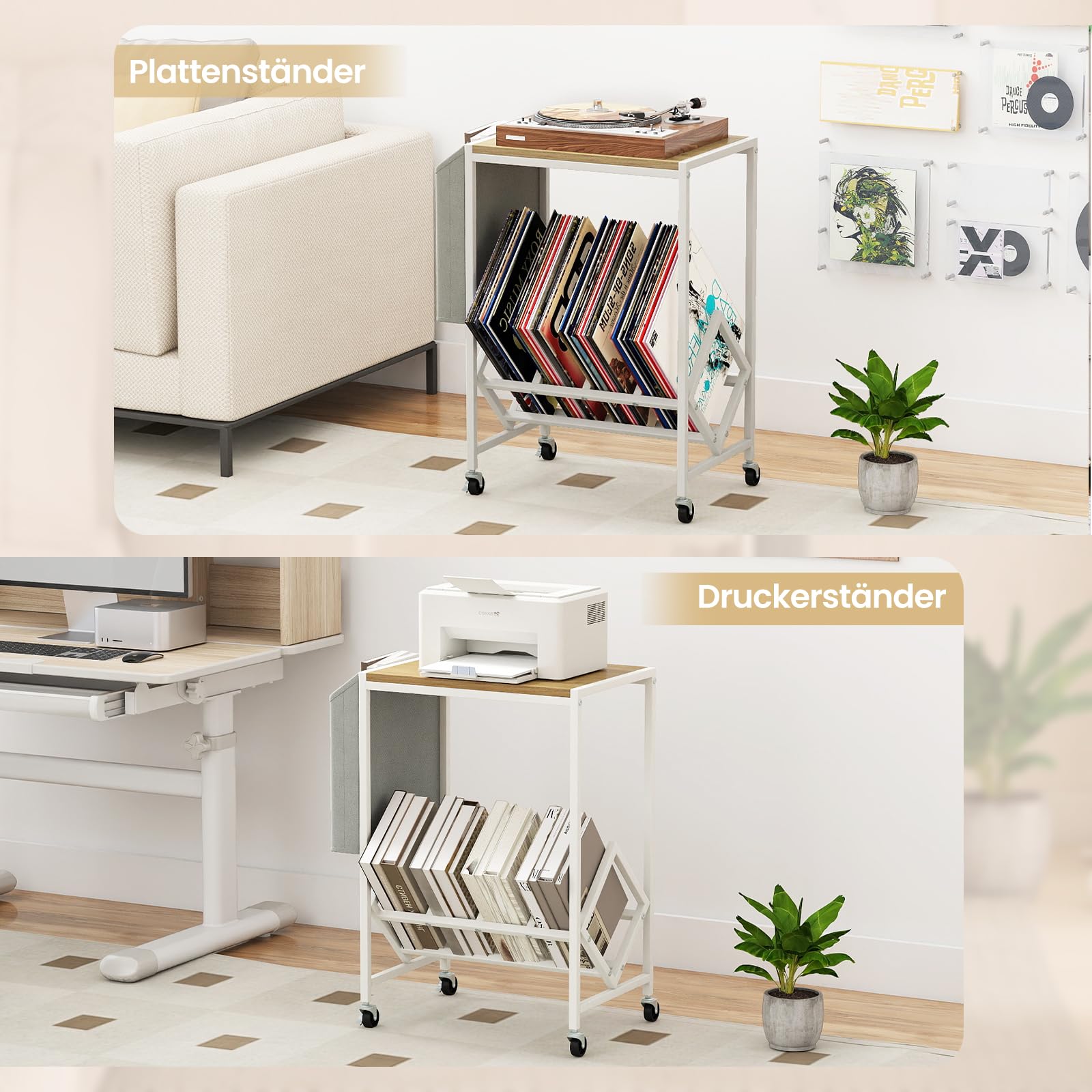 COSTWAY Plattenspieler Regal, Schallplattenregal mit Vinylaufbewahrung & Zeitschriftenhalter, Schallplattenständer mit feststellbaren Rollen, Beistelltisch für Wohnzimmer, Schalfzimmer (Weiß)