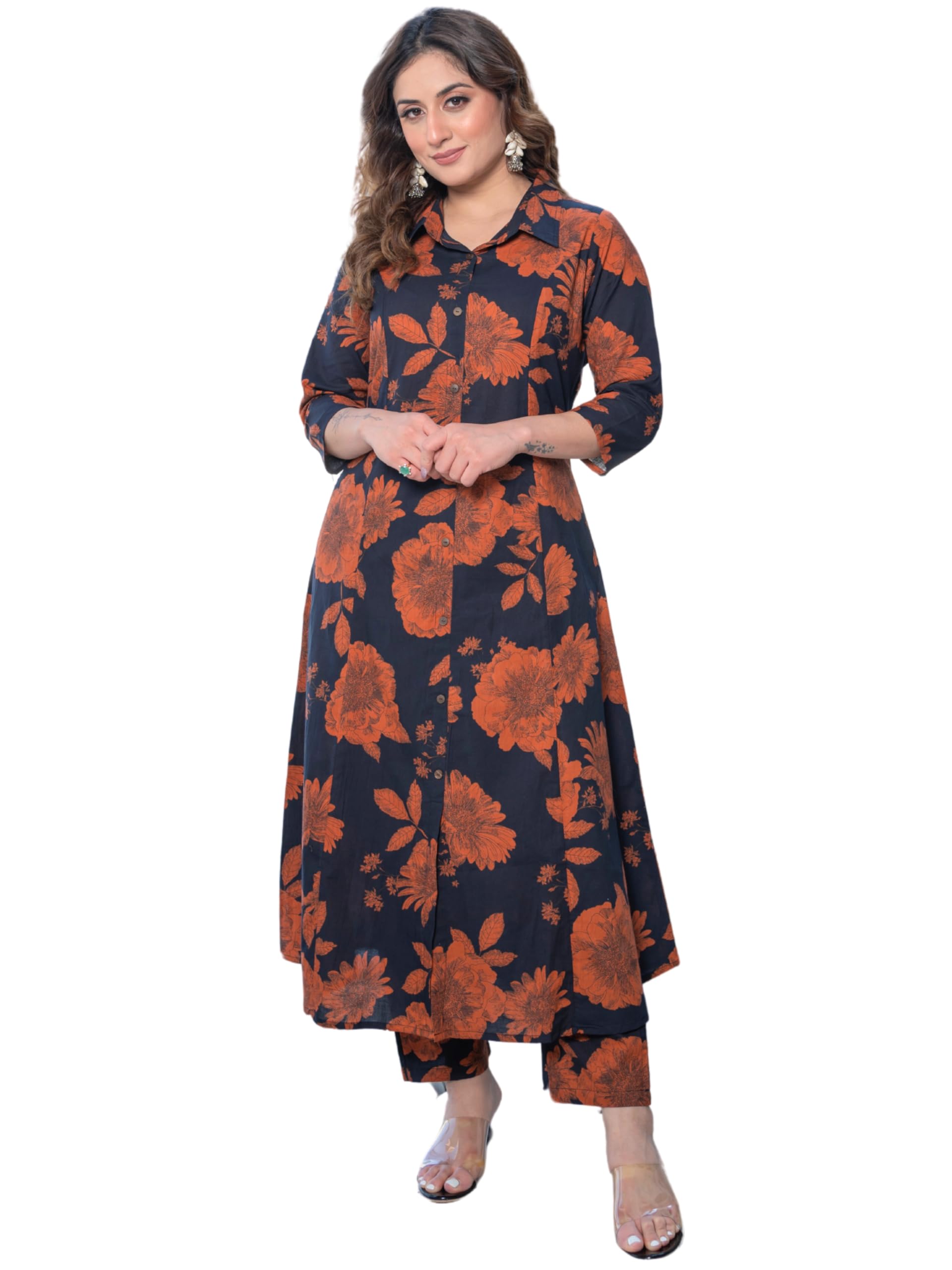 arayna Women's Pure Cotton Hand Block Printed Floral Ethnic Kurta Set with Palazzo Pants-picture-47