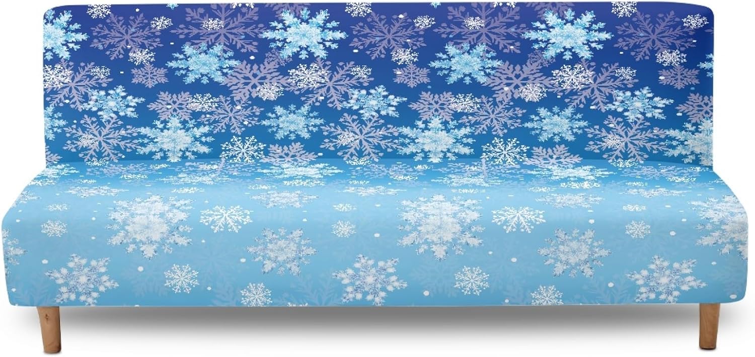 Snowflake Stretch Futon Slipcover Washable Couch Slipcover with Elastic Bottom Dustproof Armless Sofa Cover Foldable Couch Pet Covers for Sofa Christmas Home Decor