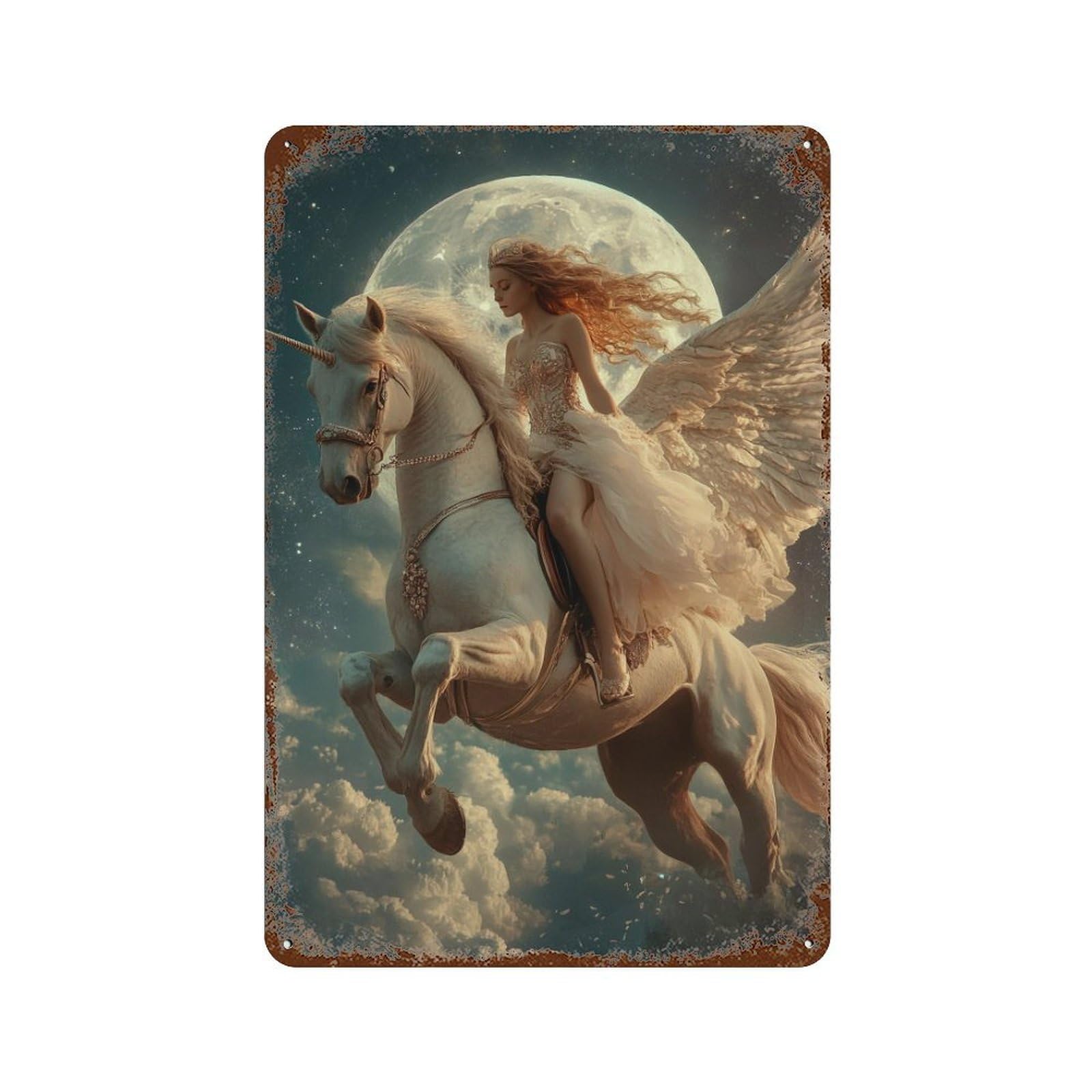 Retro Metal Sign with Fantasy Unicorn Ride Moonlit Sky -2 Design 11.8"x7.9", for Pub, Kitchen And Man Cave Decor, Rustic Home Decor