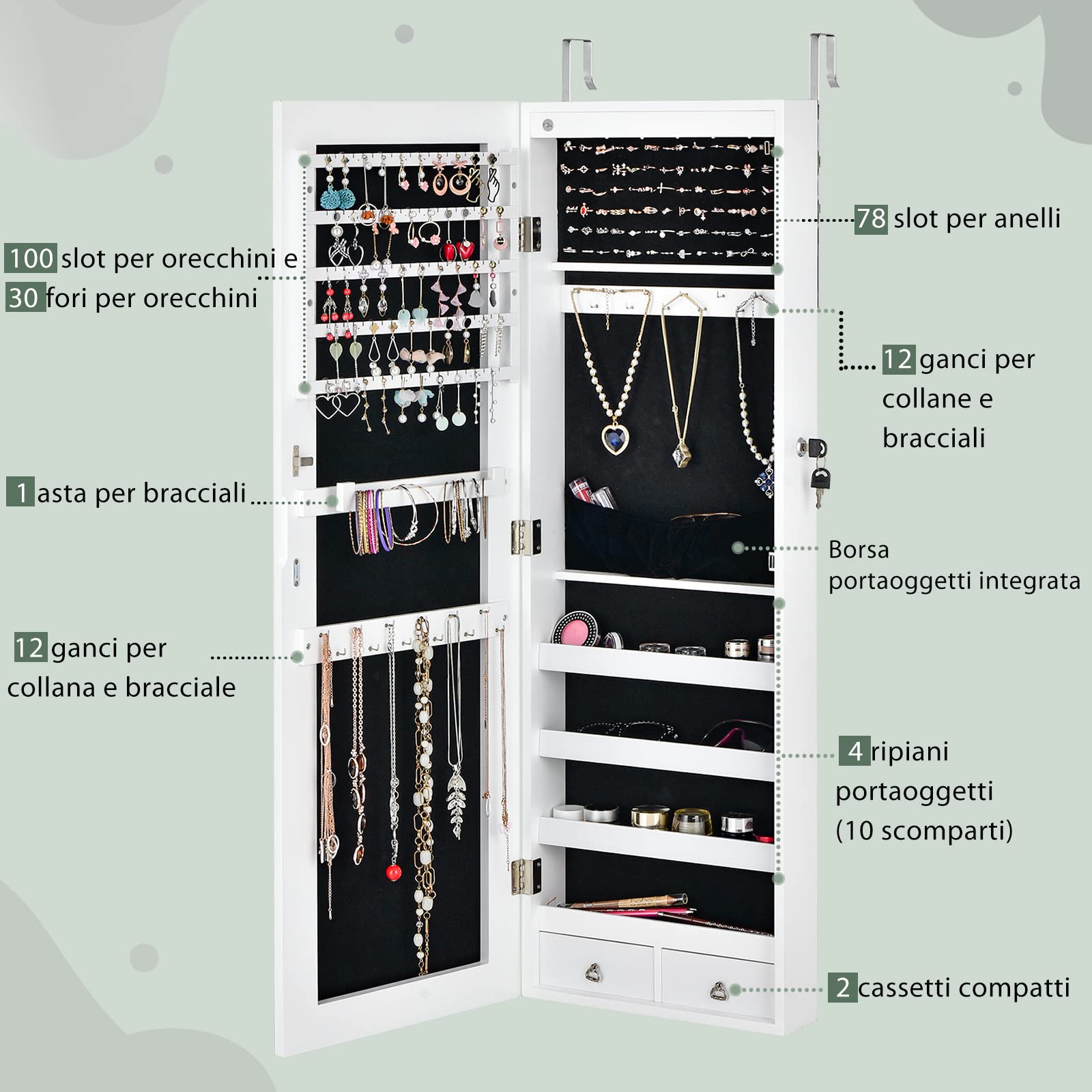 COSTWAY Armadietto Portagioie con Specchio, Armadio per Gioielli con 6 Luci LED e Cassetti, Organizer Gioielli per Camera da Letto e Cabina Armadio, 36 x 10 x 108 cm (Bianco)