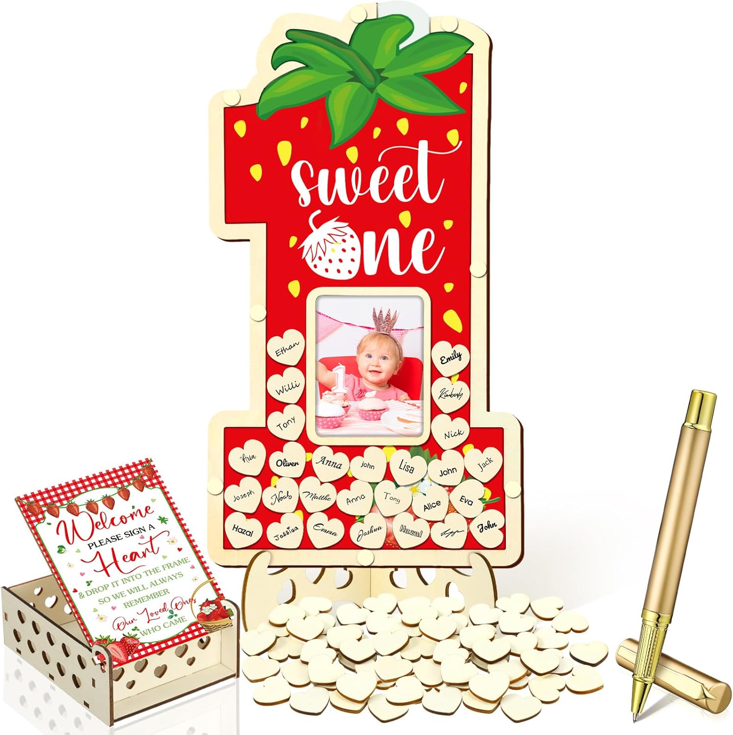 Wenqik 33 Pcs 1st Birthday Guest Book Alternatives 1st Decorations First Birthday Number One Shaped Photo Frame Centerpiece Keepsake with 30 Wood Slices(Berry One)