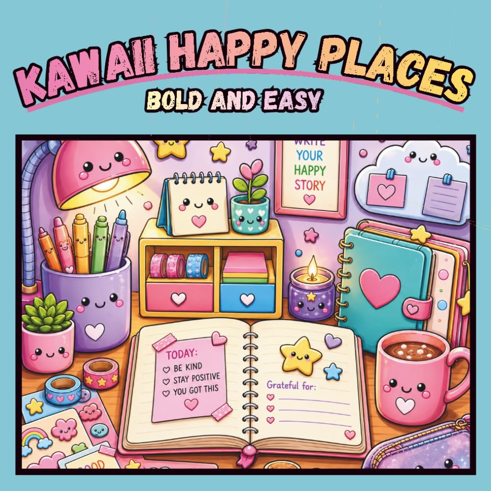 Kawaii Happy Places -Perfect for teens, adults, and anyone who loves kawaii aesthetics, cozy vibes, and stress-relieving creativity!: Step into a ... delightful Cute Cozy Corners Coloring Book!