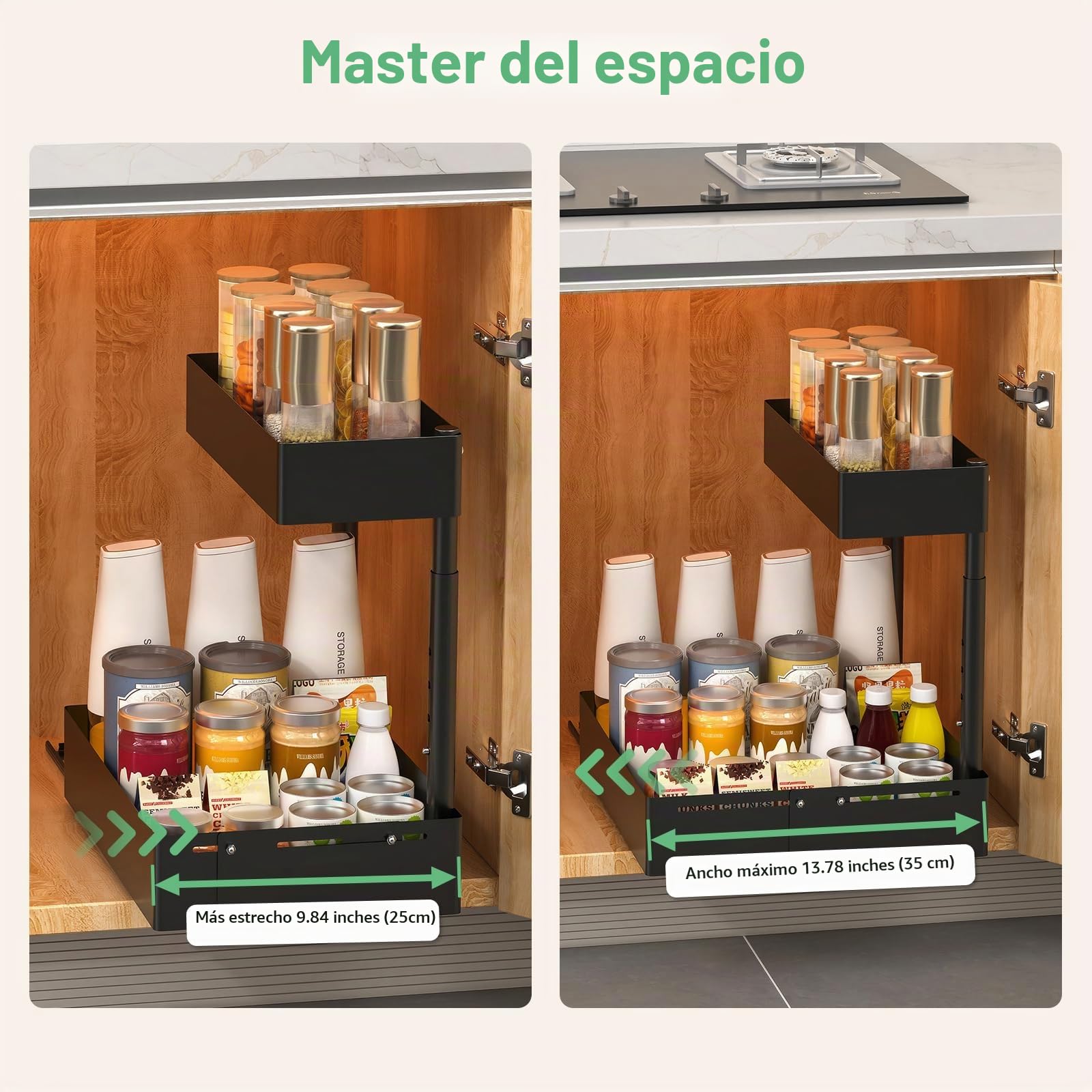 KUOGAS Organizador Bajo Fregadero de Metal Ajustable – Sistema Extraíble y Altura Regulable, Organizador Universal para Fregadero de Cocina y Baño (2, Negro)