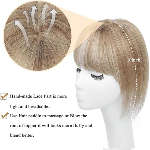 Miniatura 2 de Molefi Toppers de cabello humano real para mujeres con flequillo, piezas de cabello Remy de alta calidad para cabello fino, mezcla de rubio ceniza
