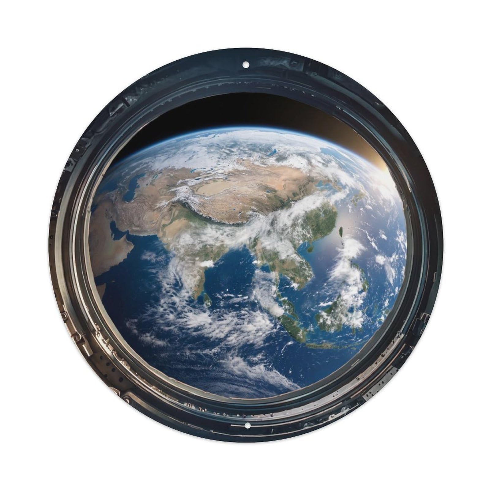 Metal Tin Sign Earth Asia Continent from Space Station Porthole