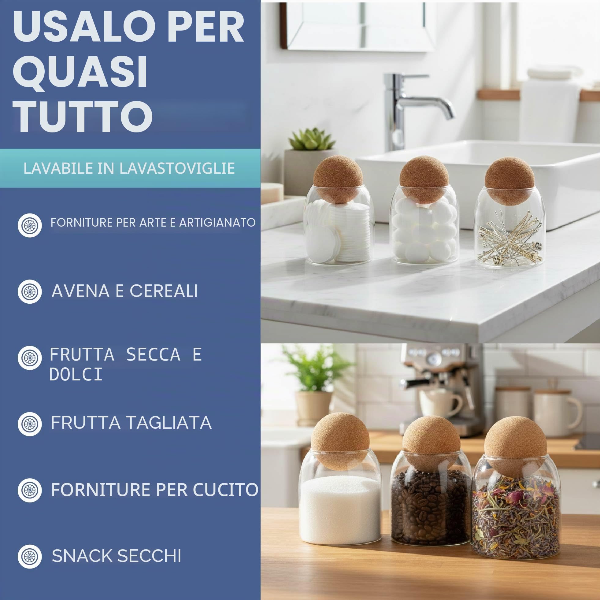 HEFTMAN Barattoli in vetro con coperchio in sughero, set di 3 barattoli da 500 ml, per caffè, tè, zucchero, borosilicato, eleganti barattoli in vetro di sughero per sale, spezie, alimenti secchi