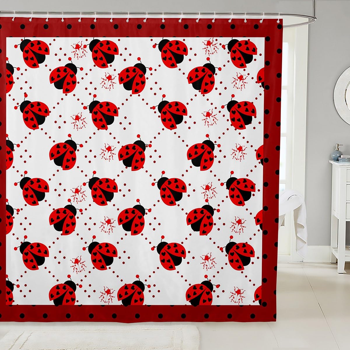 Red Ladybug Kids Shower Curtains,Ladybird Insect Rustic Farmhouse Bathroom Curtains for Girls Boys Women,Geometric Dots Cute Red Black Bright