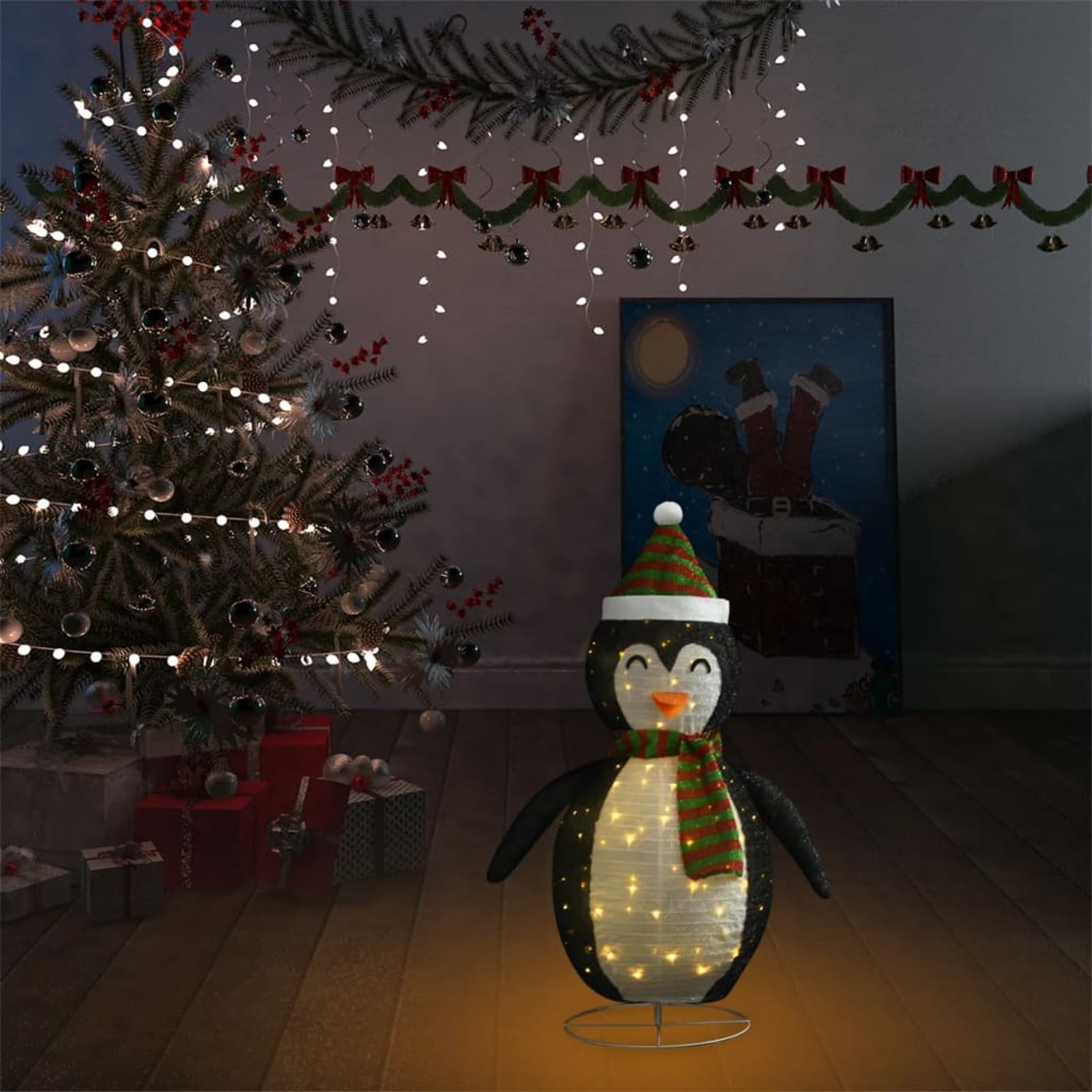 ZEYUAN Figura Decorativa de pingüino navideño LED, Figuras De Navidad Exterior, Decoración Exterior Navidad, Adornos Navideños, Figura Luz Navidad, Tela Lujosa 60 cm