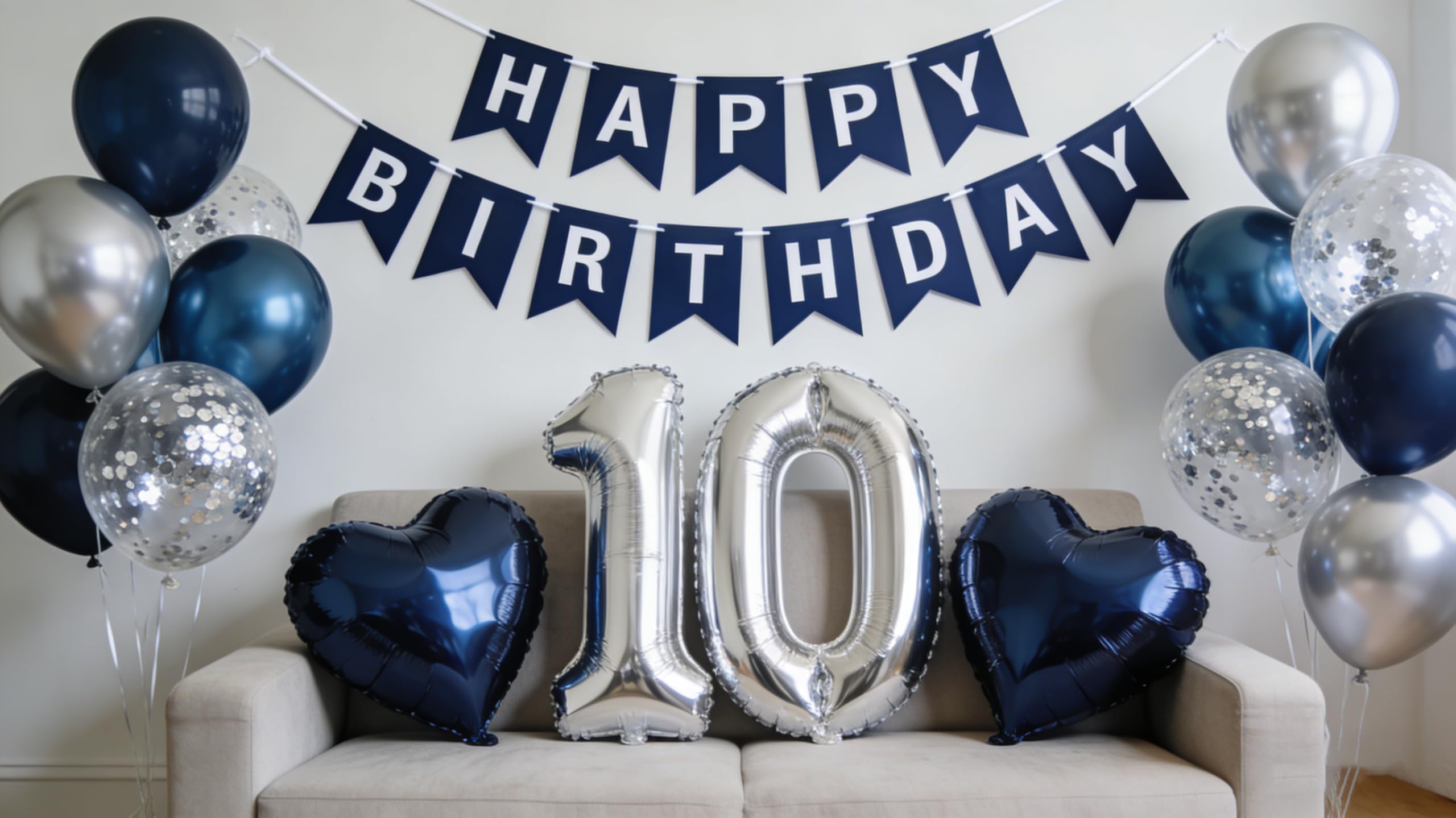 10th Birthday Decoration for Boys, Metallic Silver Blue 10th Birthday Banner Large Number 10 Heart Foil Balloons Supplies for 10 Years Old Kids Boys Double Digits Anniversary Party (10th)