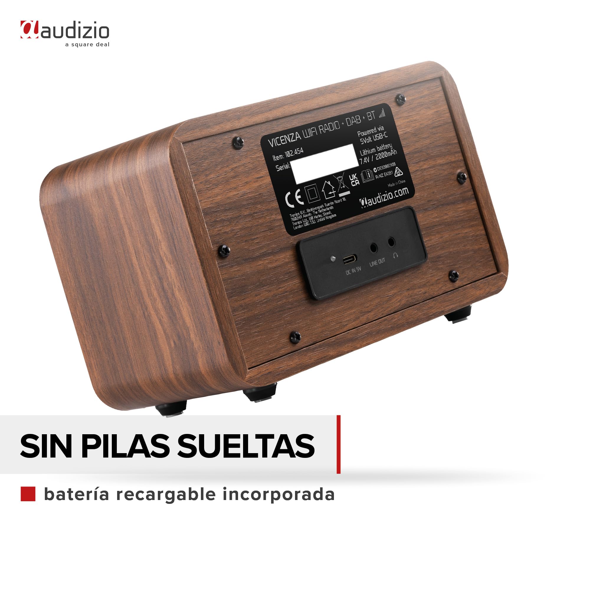Audizio Vicenza - Radio digital DAB+/FM e Internet con Bluetooth 5.0, batería de 10h i pantalla a color, ideal para cocina, oficina o viajes, diseño compacto con WiFi integrado, acabado negro y madera