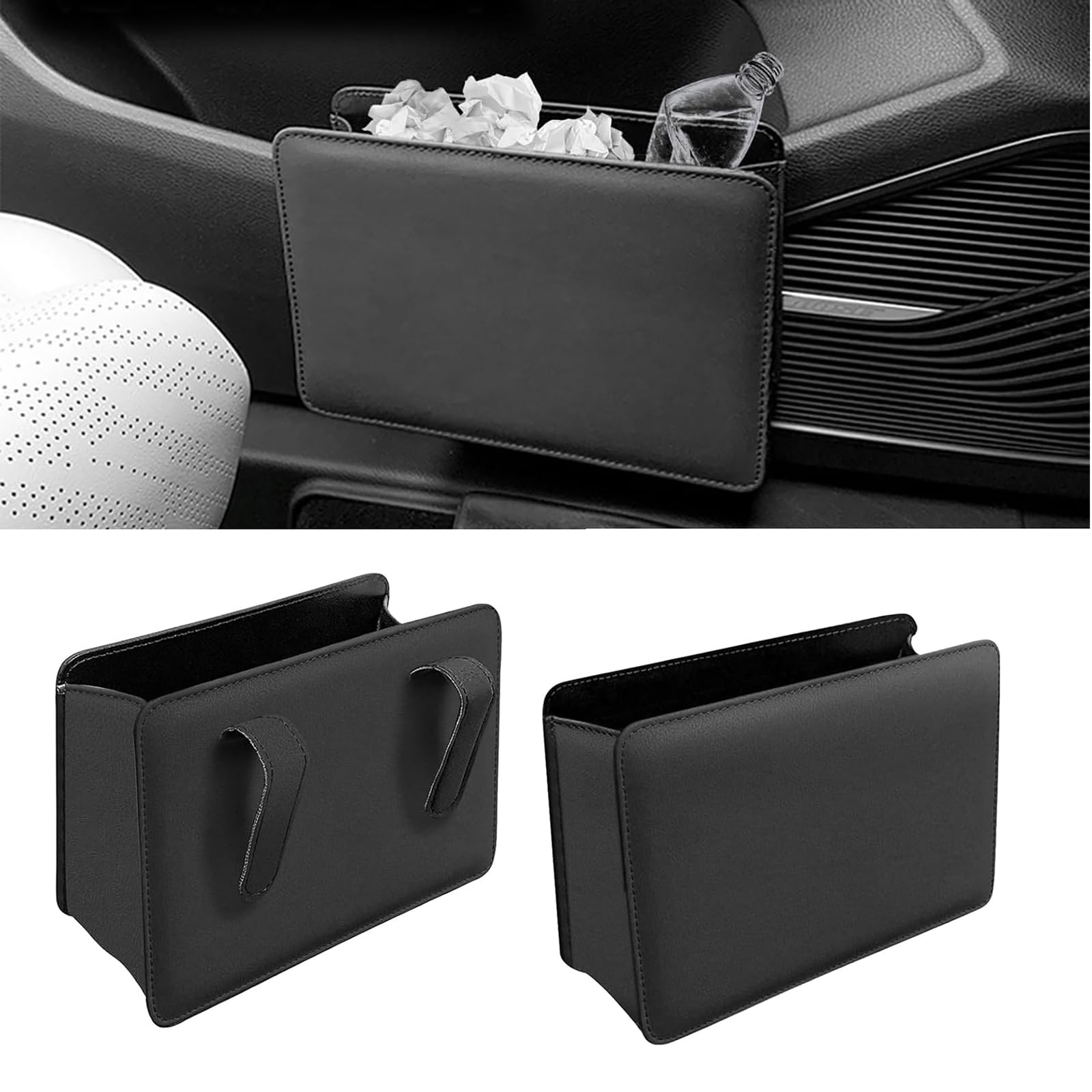 MarxaN 2 pcs Poubelle de Voiture pour Fiat Stilo Doblo Linea Croma, Pliable Mini Poubelle en Cuir PU Boîte de Rangement Portable Suspendre Poubelle Intérieur Accessoires,A/Black